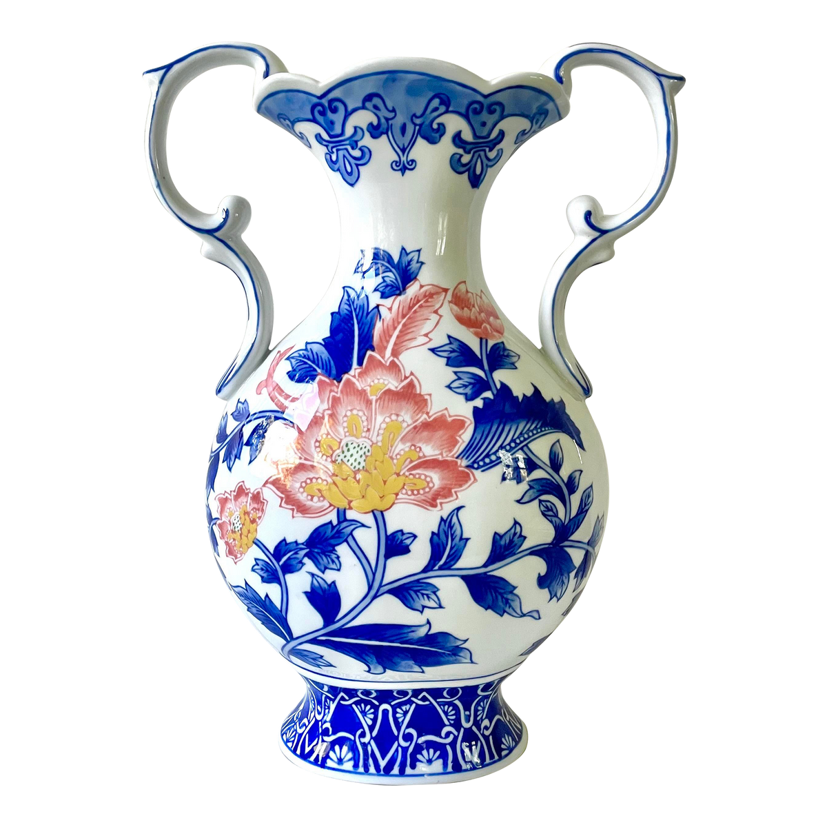 Porcelain Blue and White Chinoiserie Handle Vase