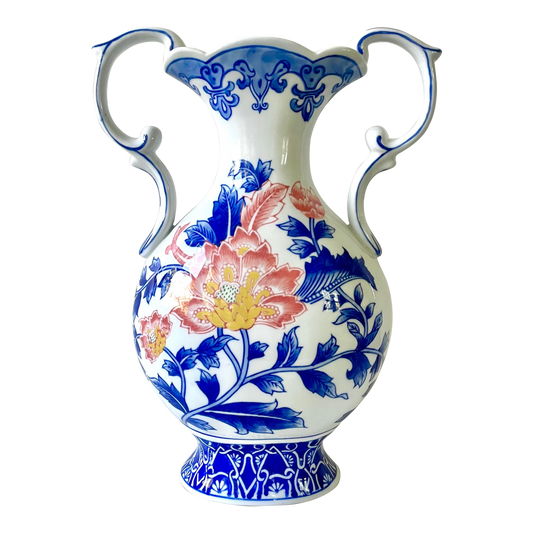 Porcelain Blue and White Chinoiserie Handle Vase