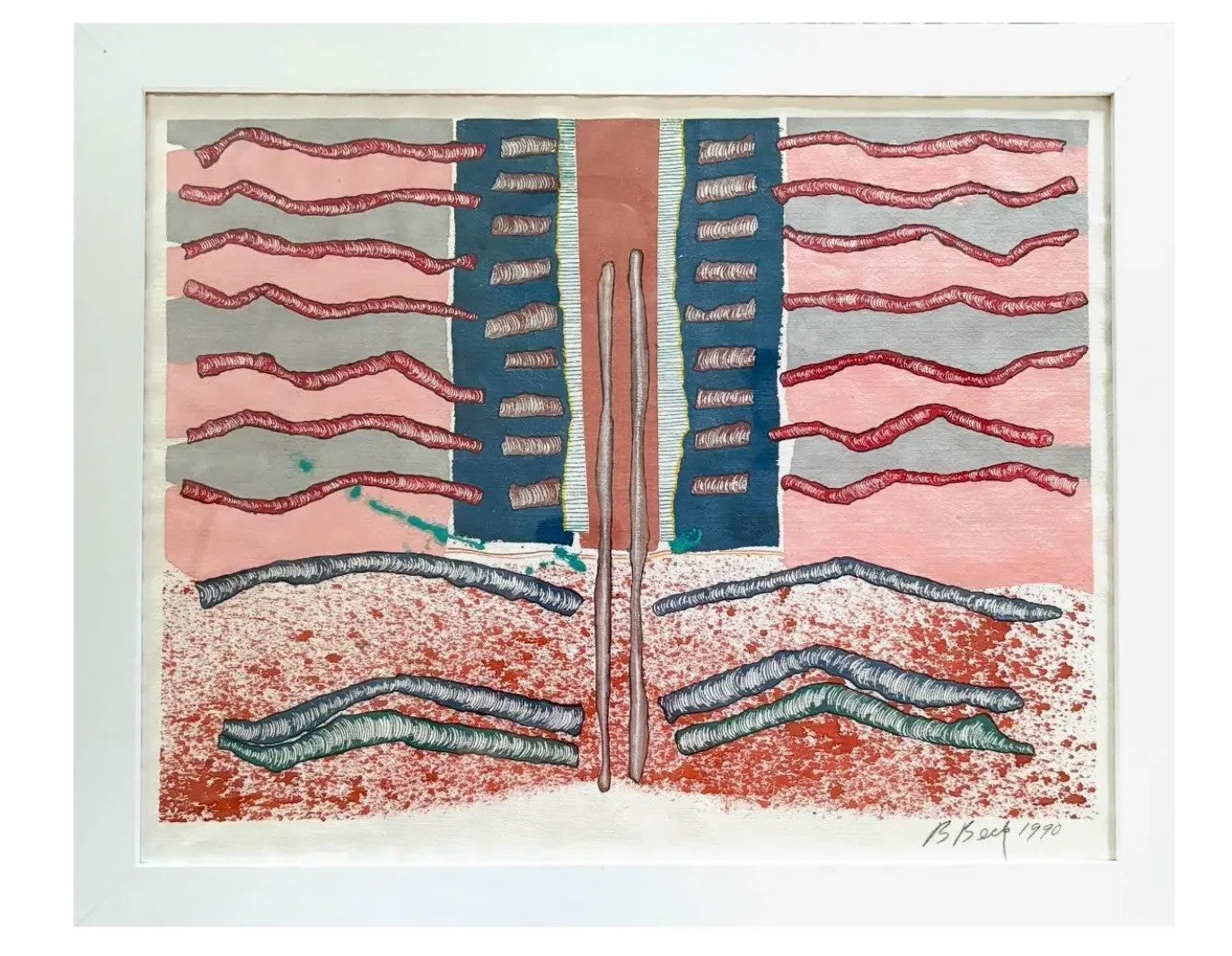 Barbara Beck 1990 Framed Abstract Watercolor Painting on Paper in White Wood Frame