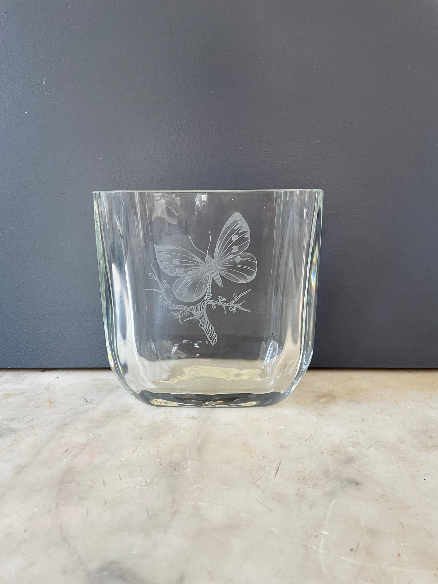 Orrefors Crystal Mid Century Scandinavian Art Glass Vase With Butterfly Design