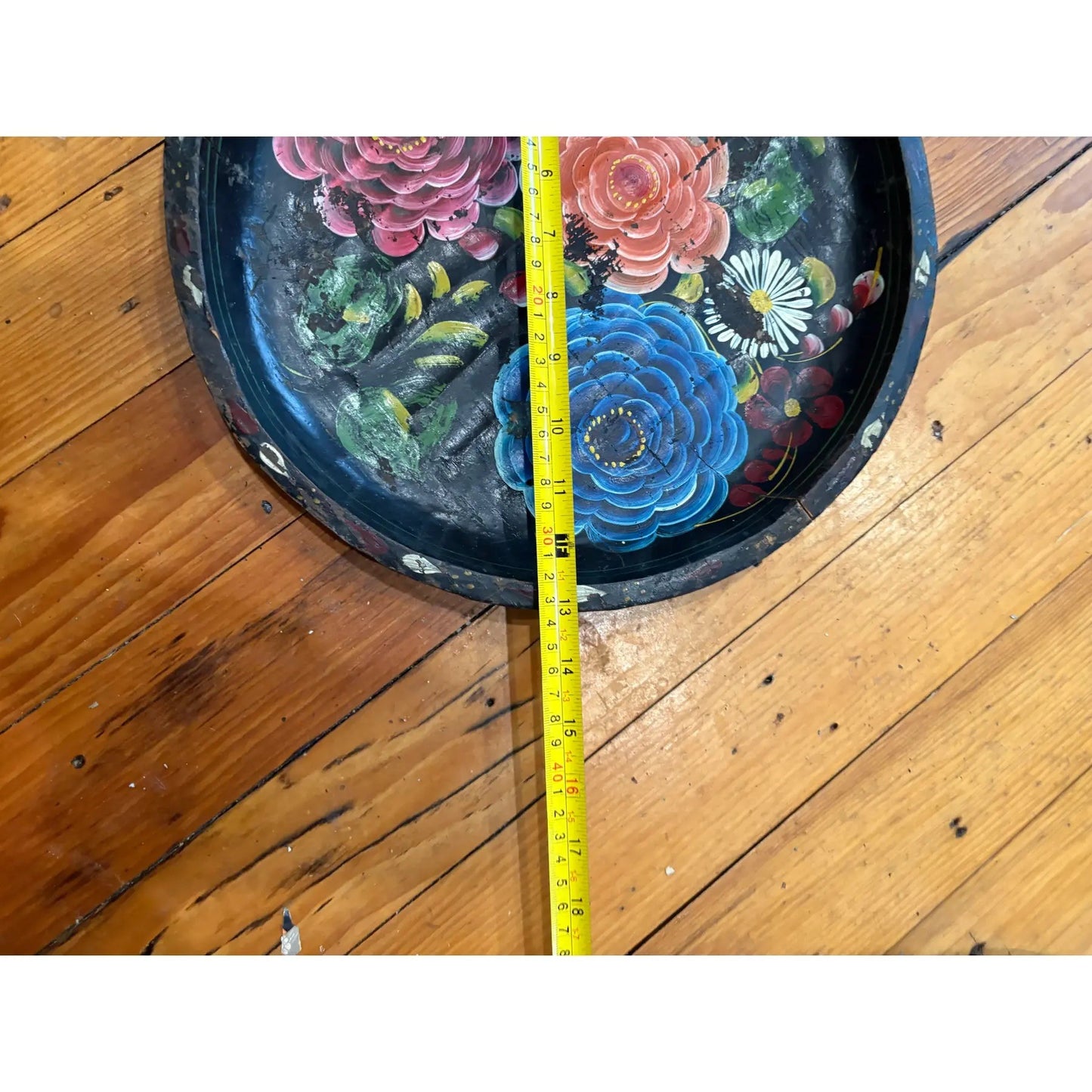 Vintage Hand Carved and Hand Painted Round Wooden Tray