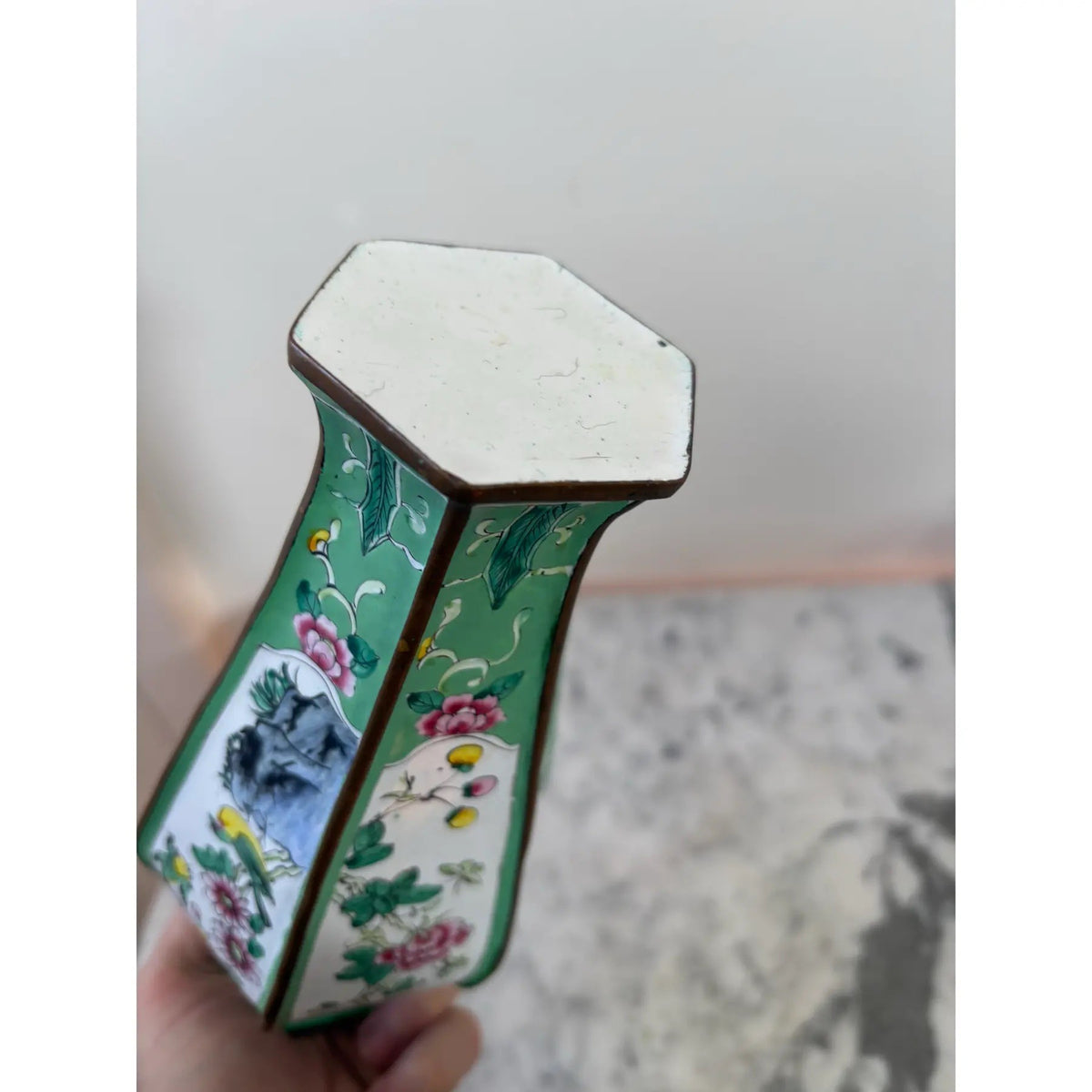 Chinese Canton Enamel Copper Hexagonal Vase With Bird and Floral Decorations