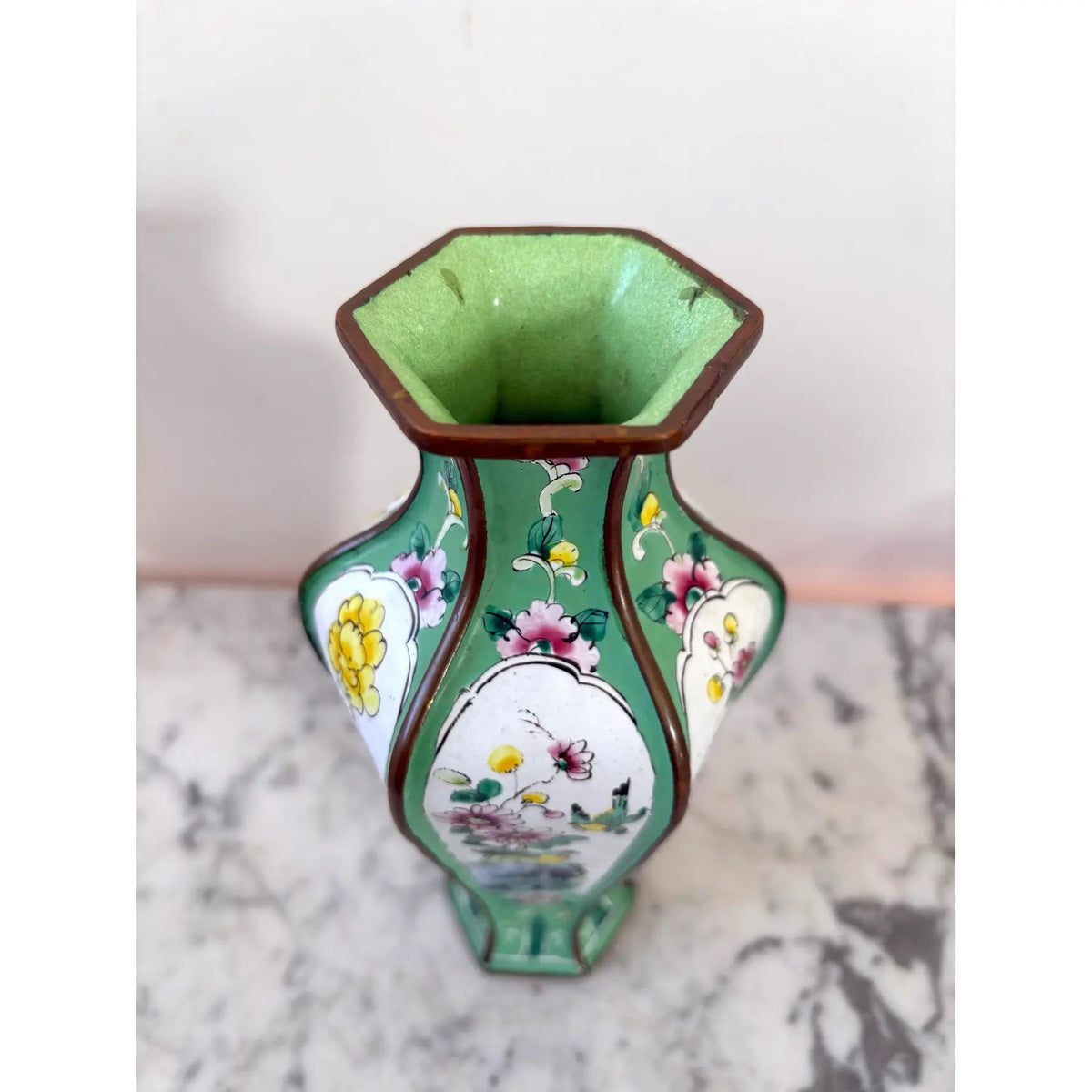 Chinese Canton Enamel Copper Hexagonal Vase With Bird and Floral Decorations