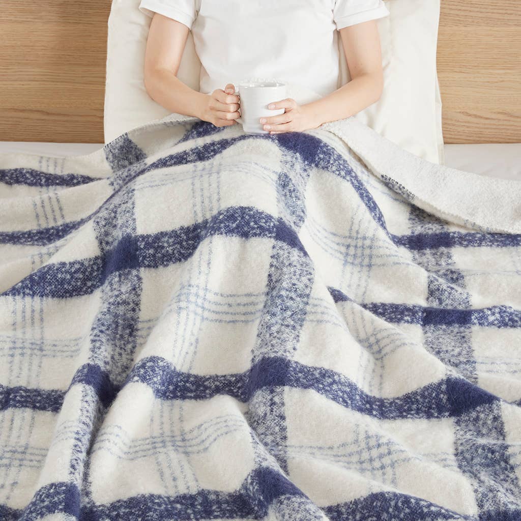 Manta de sherpa de imitación mohair azul a cuadros Catskills