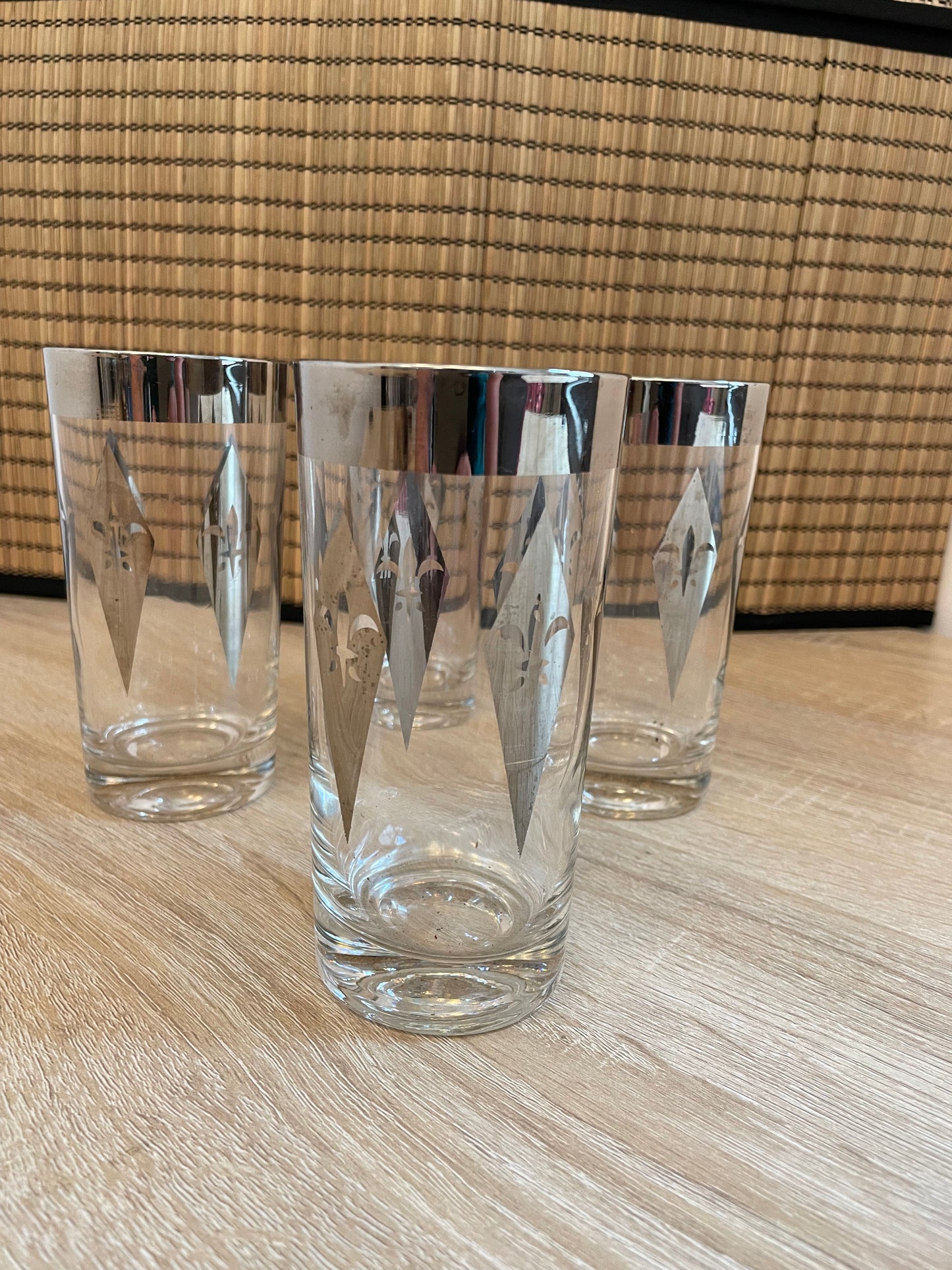 1960s Groovy Silver Rim Diamond Highball Cocktail Glass, Sold Individually