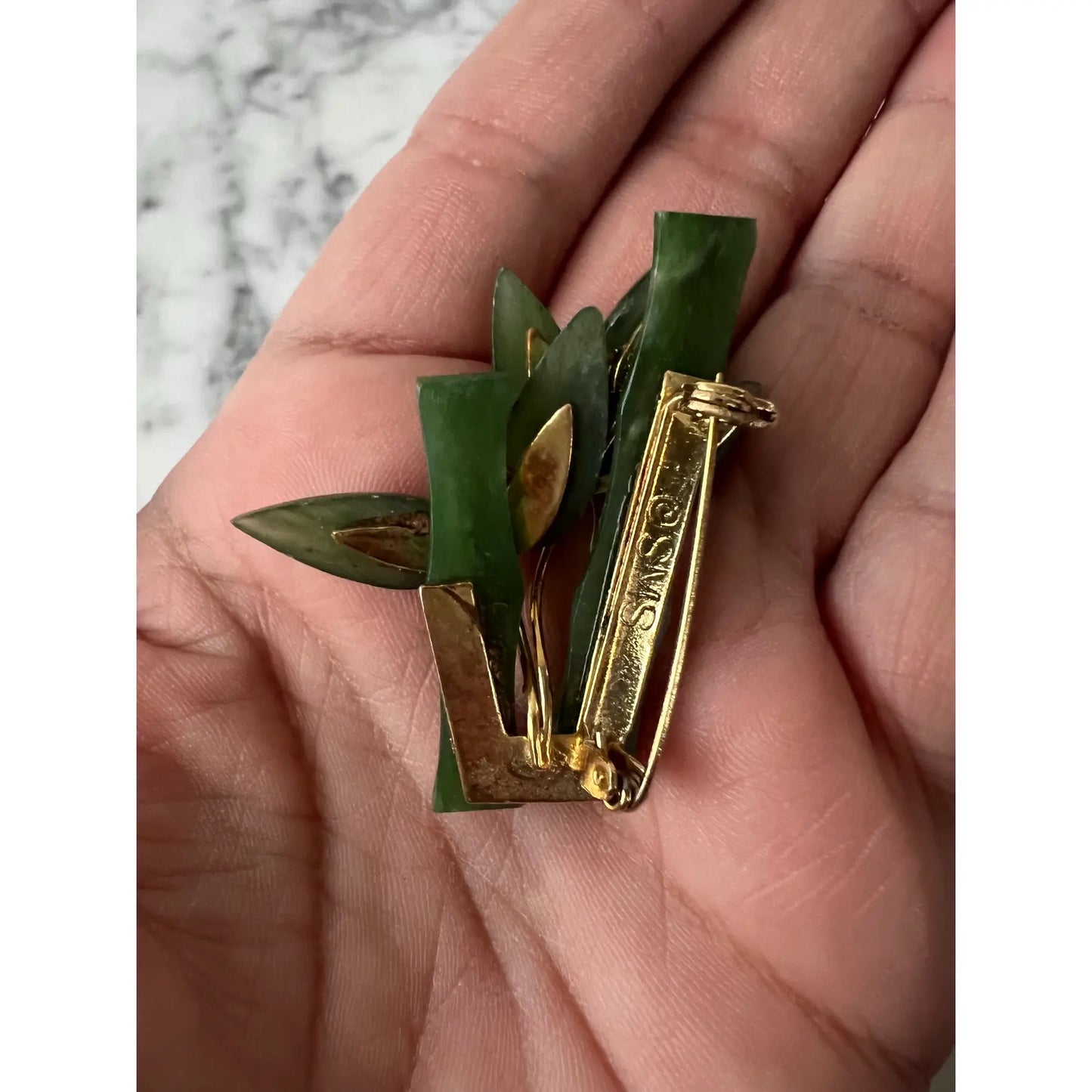 Hand Carved Jade Bamboo Brooch