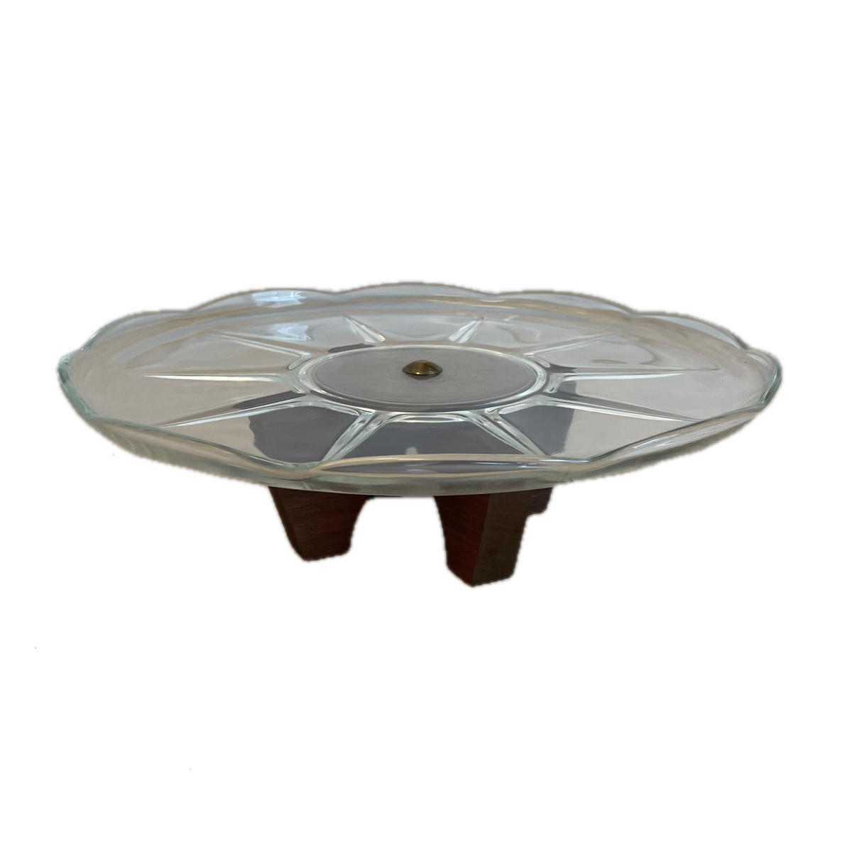 Amazing 1970s Glass and Wood Rotating Cake Stand