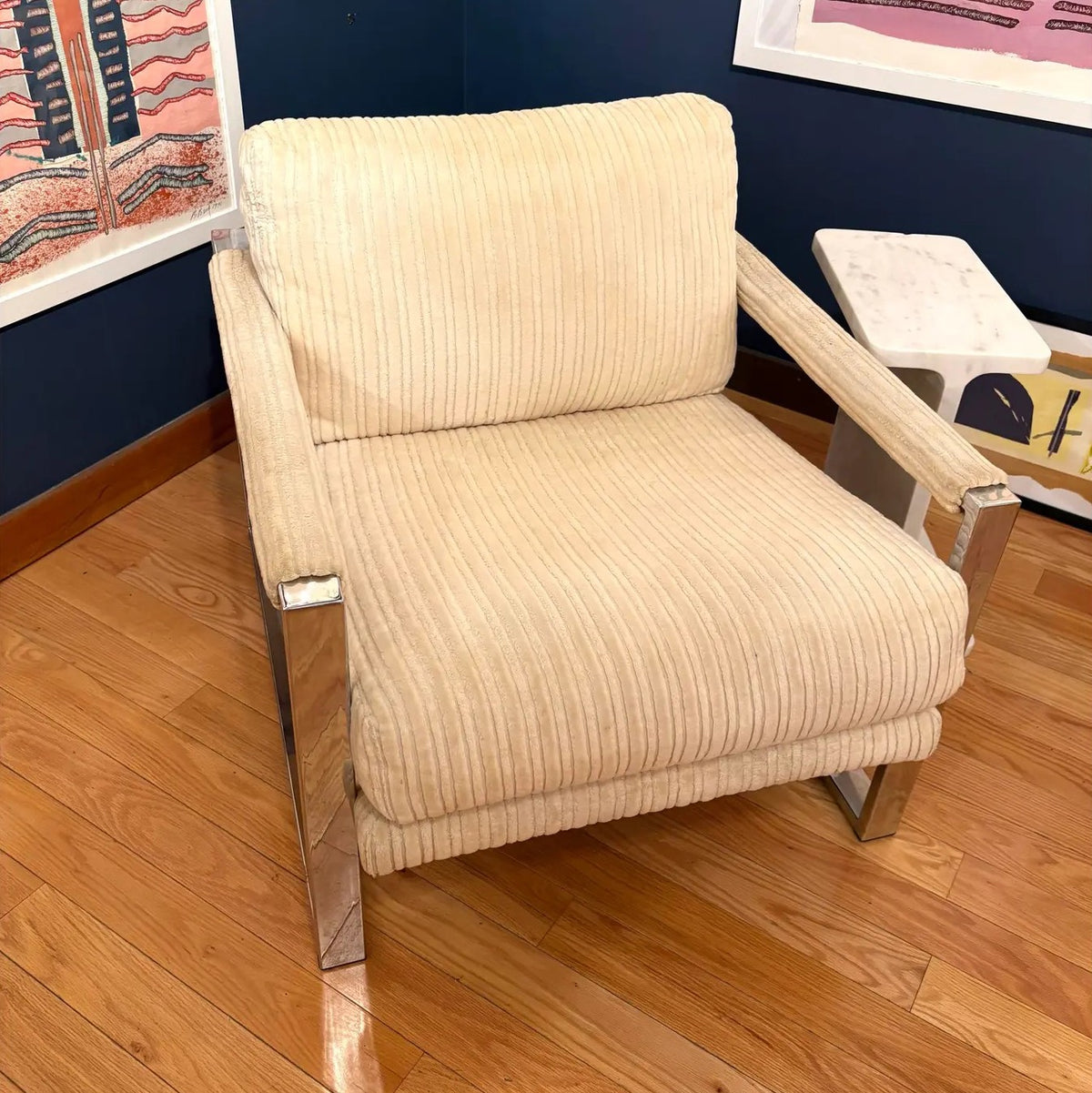 Milo Baughman Chrome Frame Lounge Chair in Newer Cream Chanel Upholstery