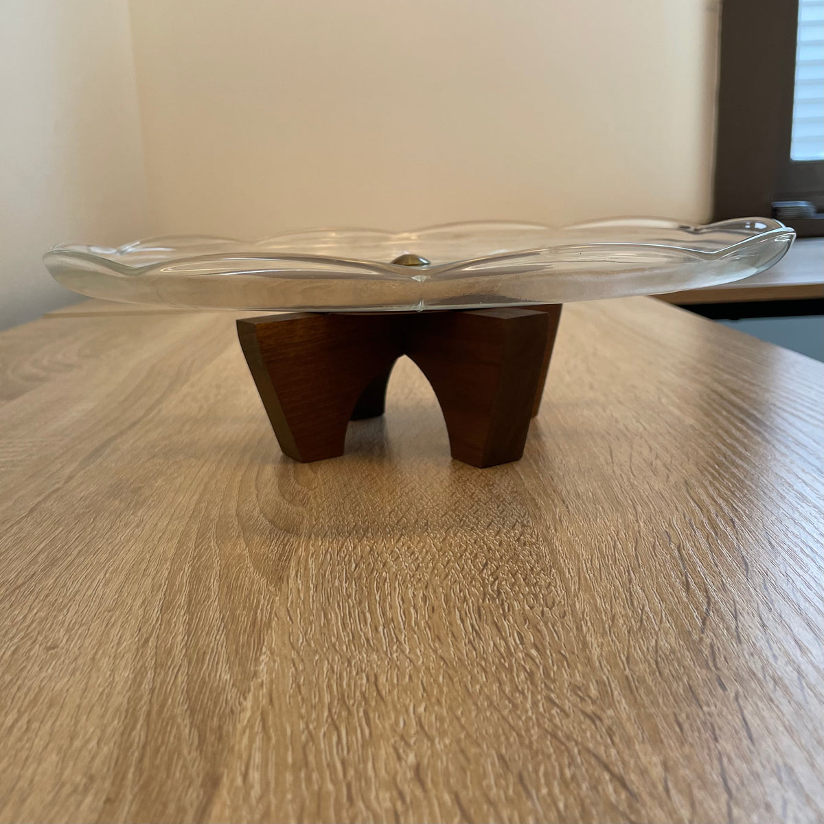 Amazing 1970s Glass and Wood Rotating Cake Stand