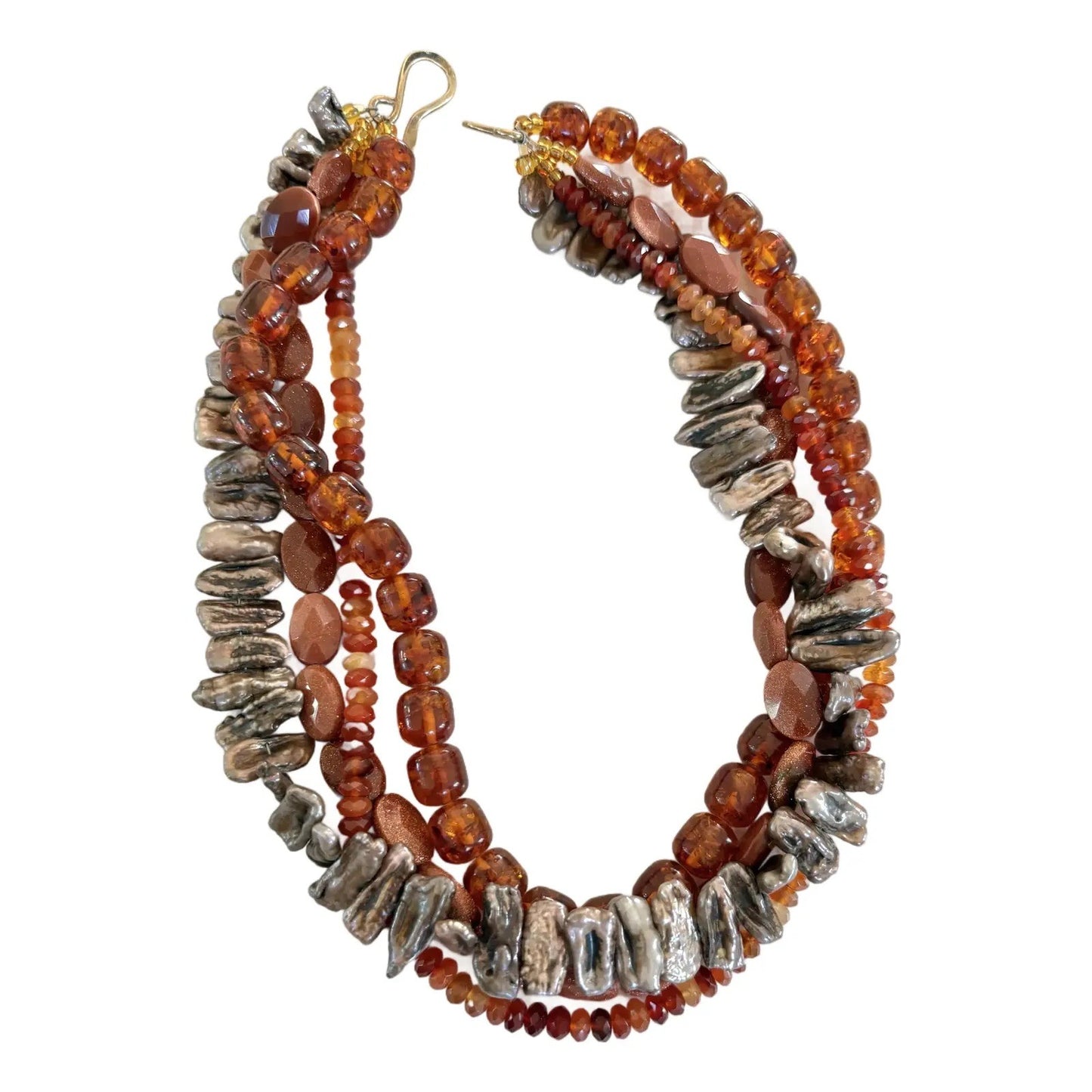 Vintage Multi-Strand Freshwater Pearls, Carnelian Amber, and Gold Tone Beaded Necklace