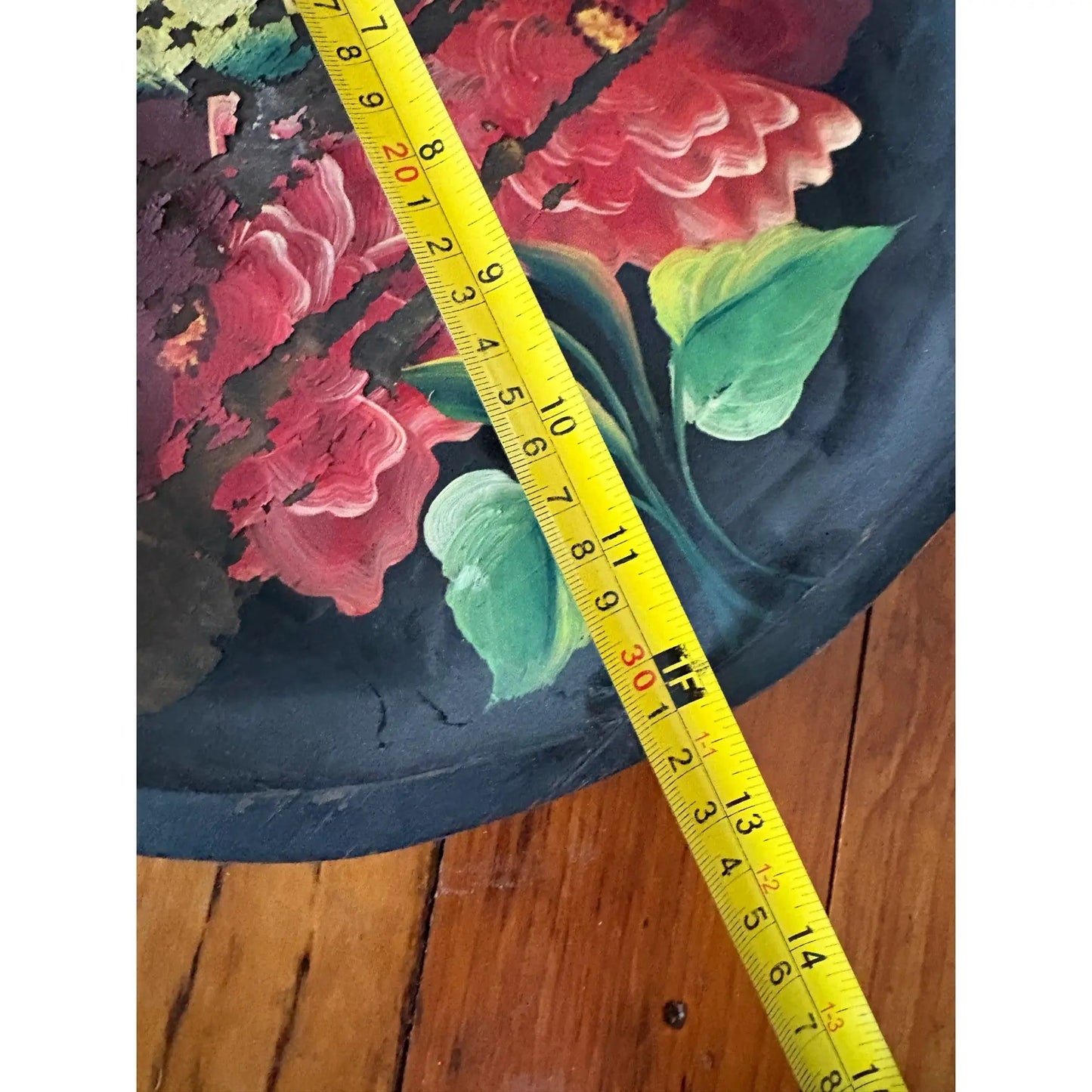 Vintage Hand Carved and Hand Painted Round Floral Wooden Tray
