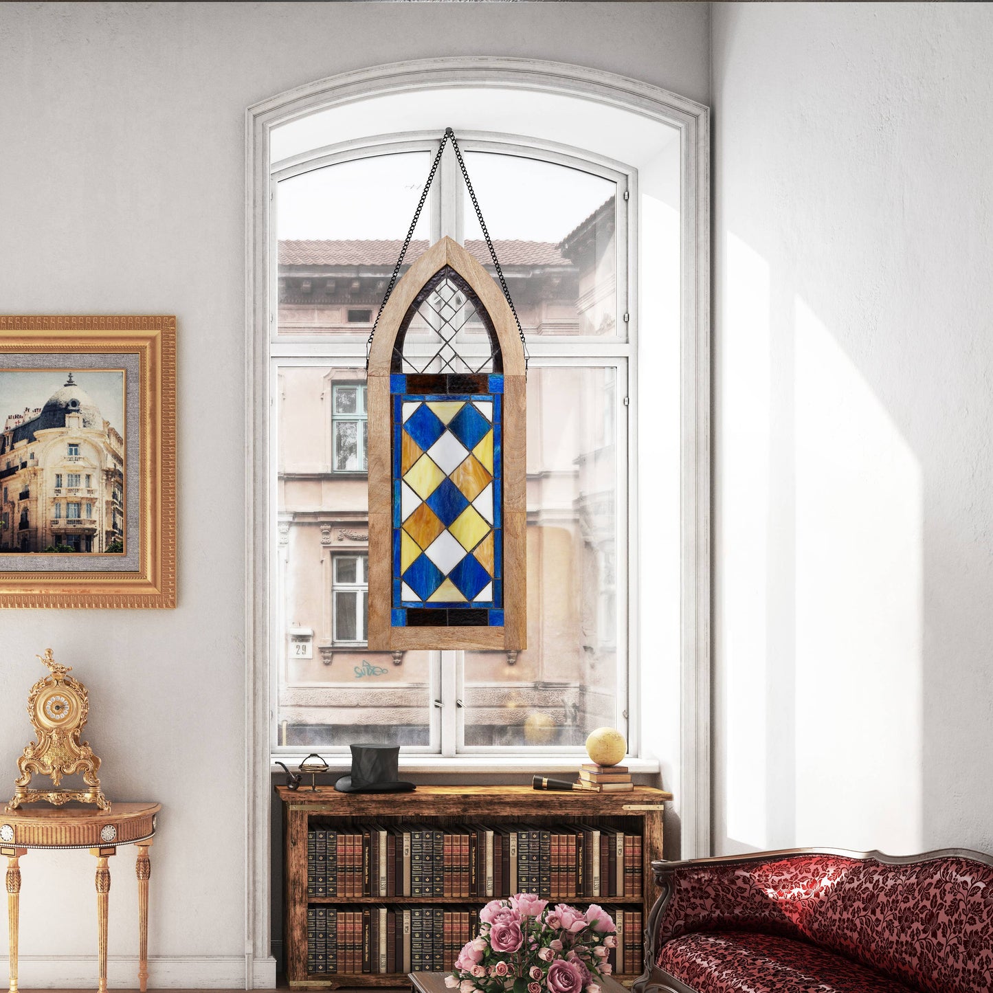 Victorian Style Checkerboard Stained Glass Window Panel