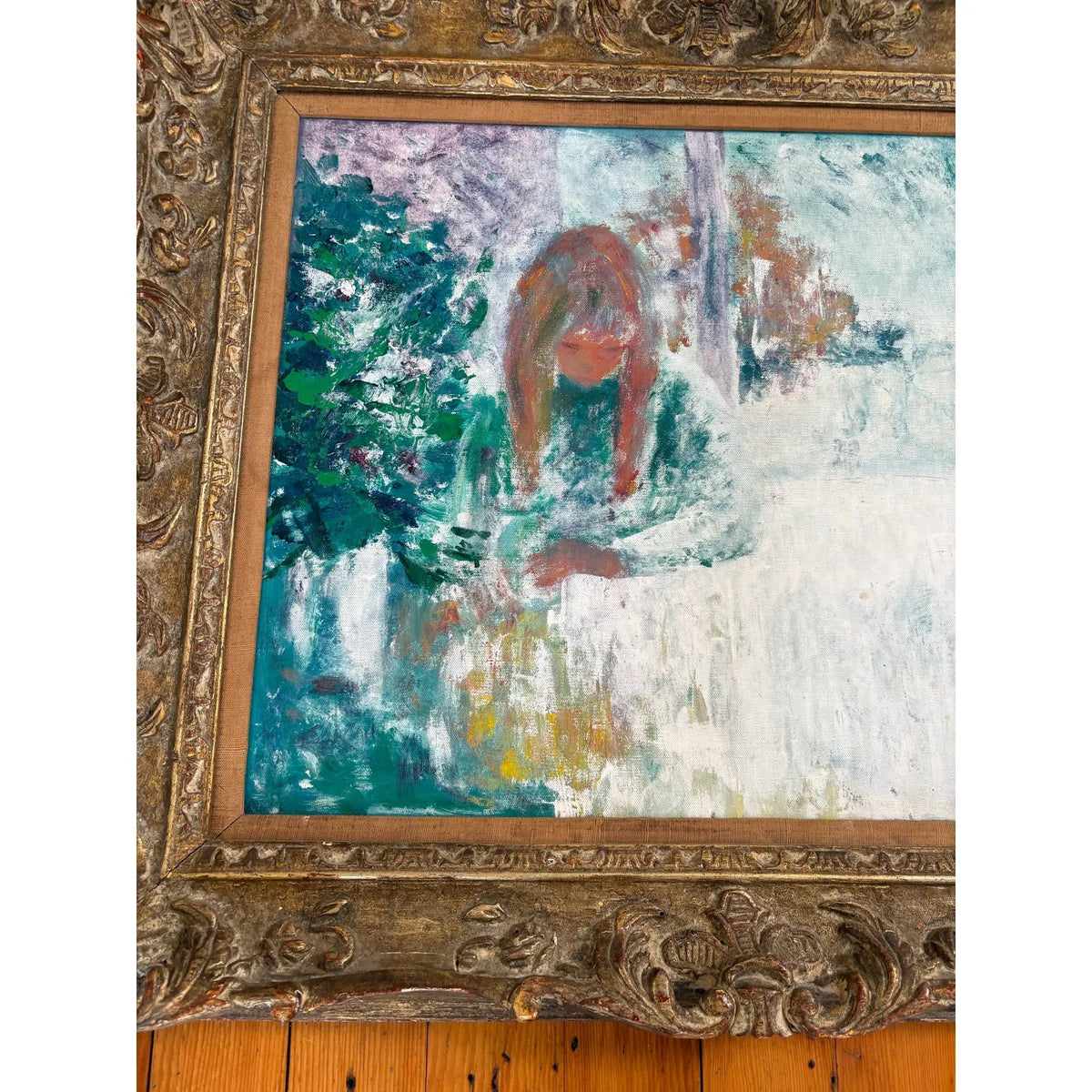Antique French Impressionistic Painting on Canvas in Antique Wood Carved Frame