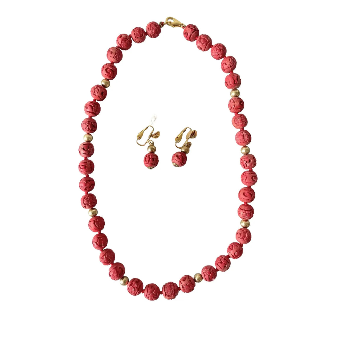 Vintage Cinnabar Chinese Necklace and Clip Earrings Set