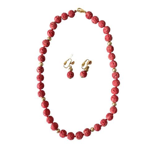Vintage Cinnabar Chinese Necklace and Clip Earrings Set