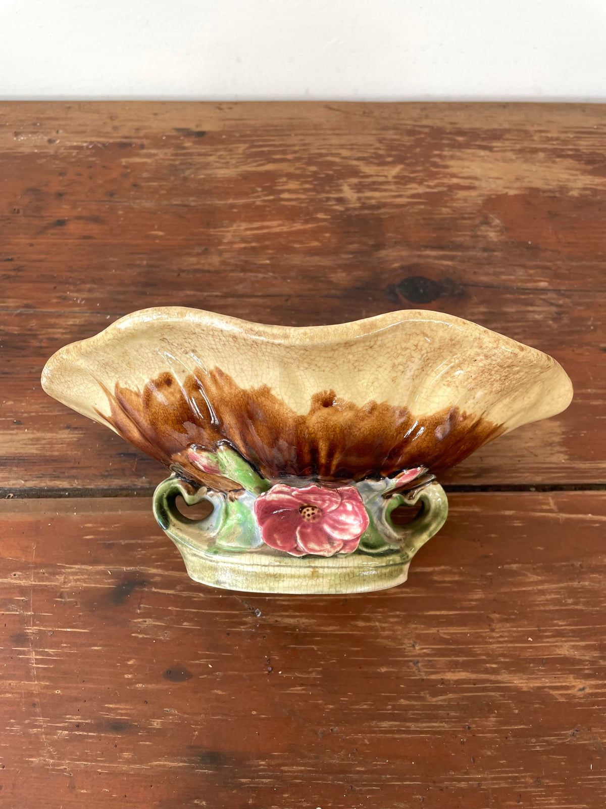 Vintage Majolica Seashell Pedestal Bowl With Flower Base