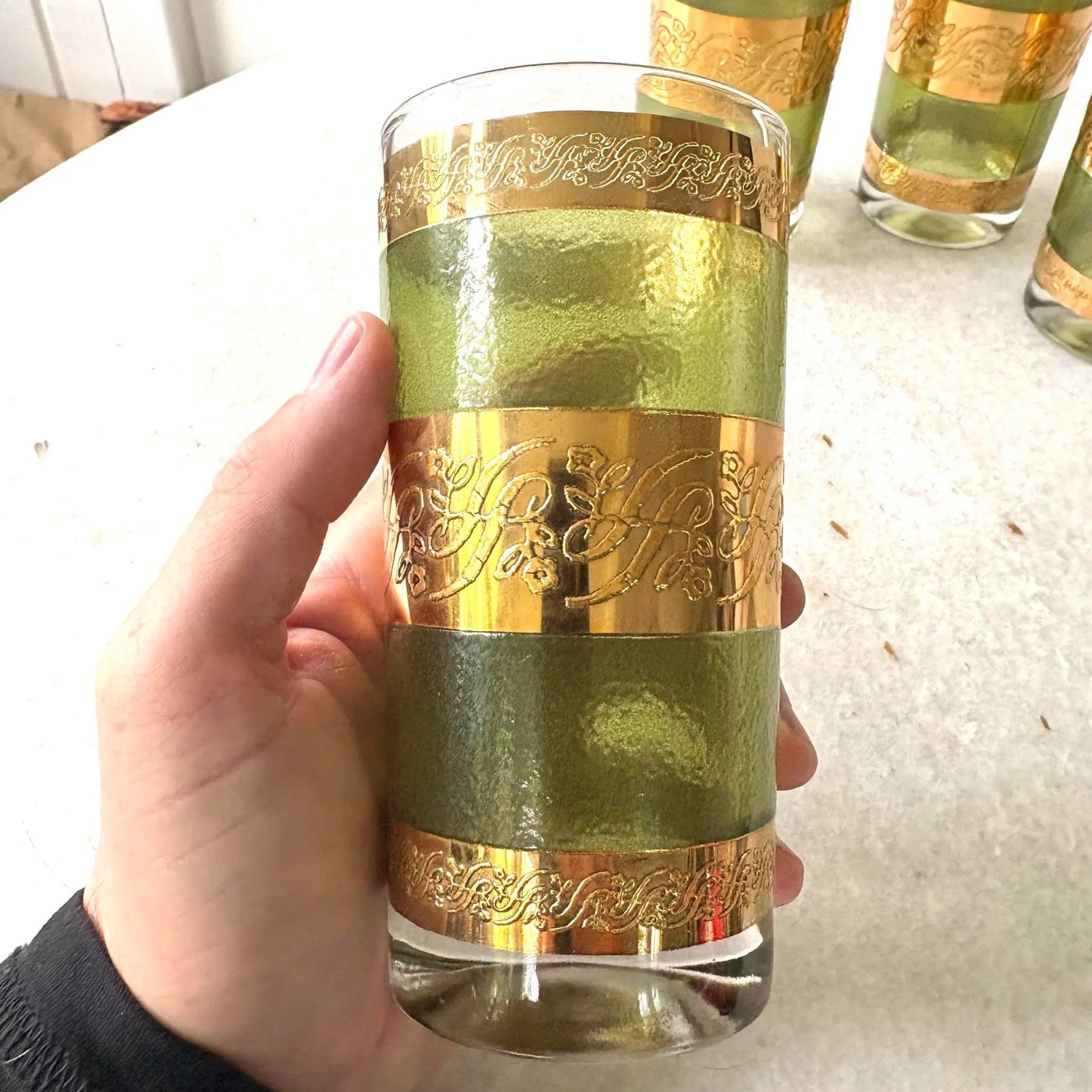 1950s Mid-Century Green and 22k Gold Highball Cocktail Glasses, Set of 4