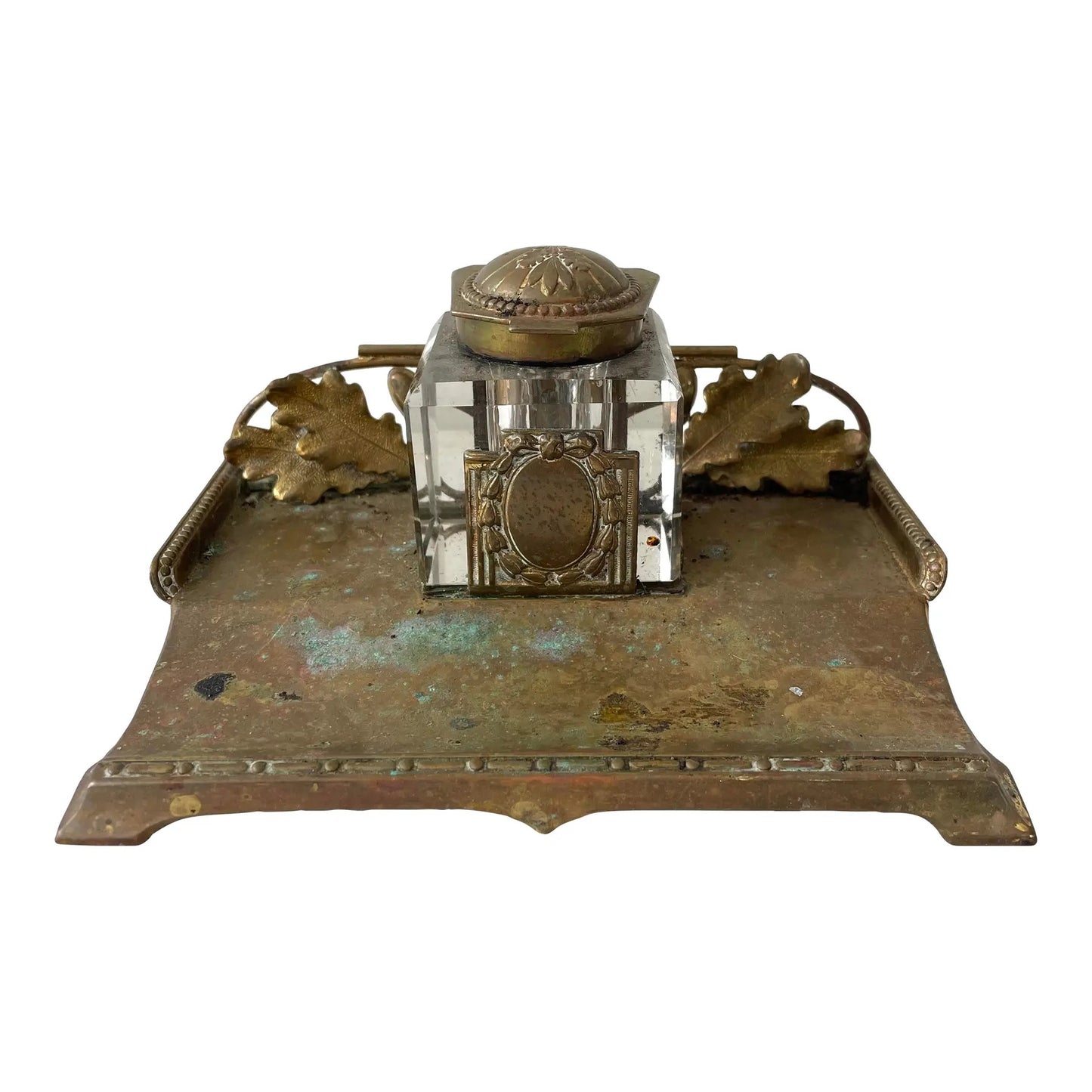 Art Nouveau Crystal and Brass Inkwell