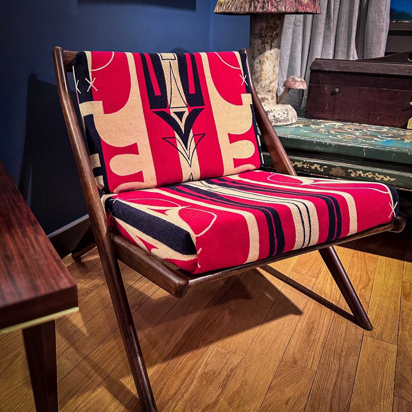 MCM Walnut Chair With Vintage Pendleton Wool Upholstery