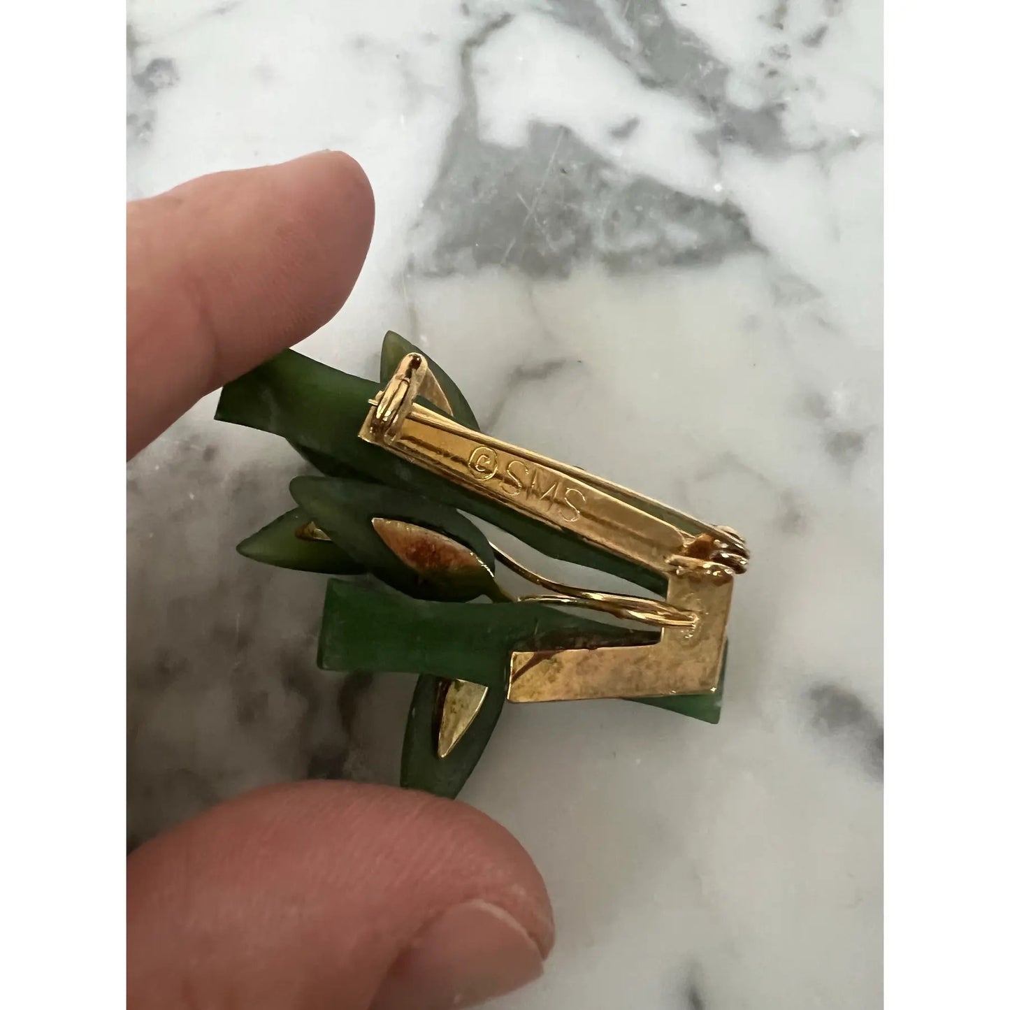 Hand Carved Jade Bamboo Brooch