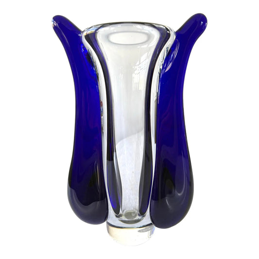 Jaroslav Svoboda Karlov Art Glass Vase Clear and Blue, Signed
