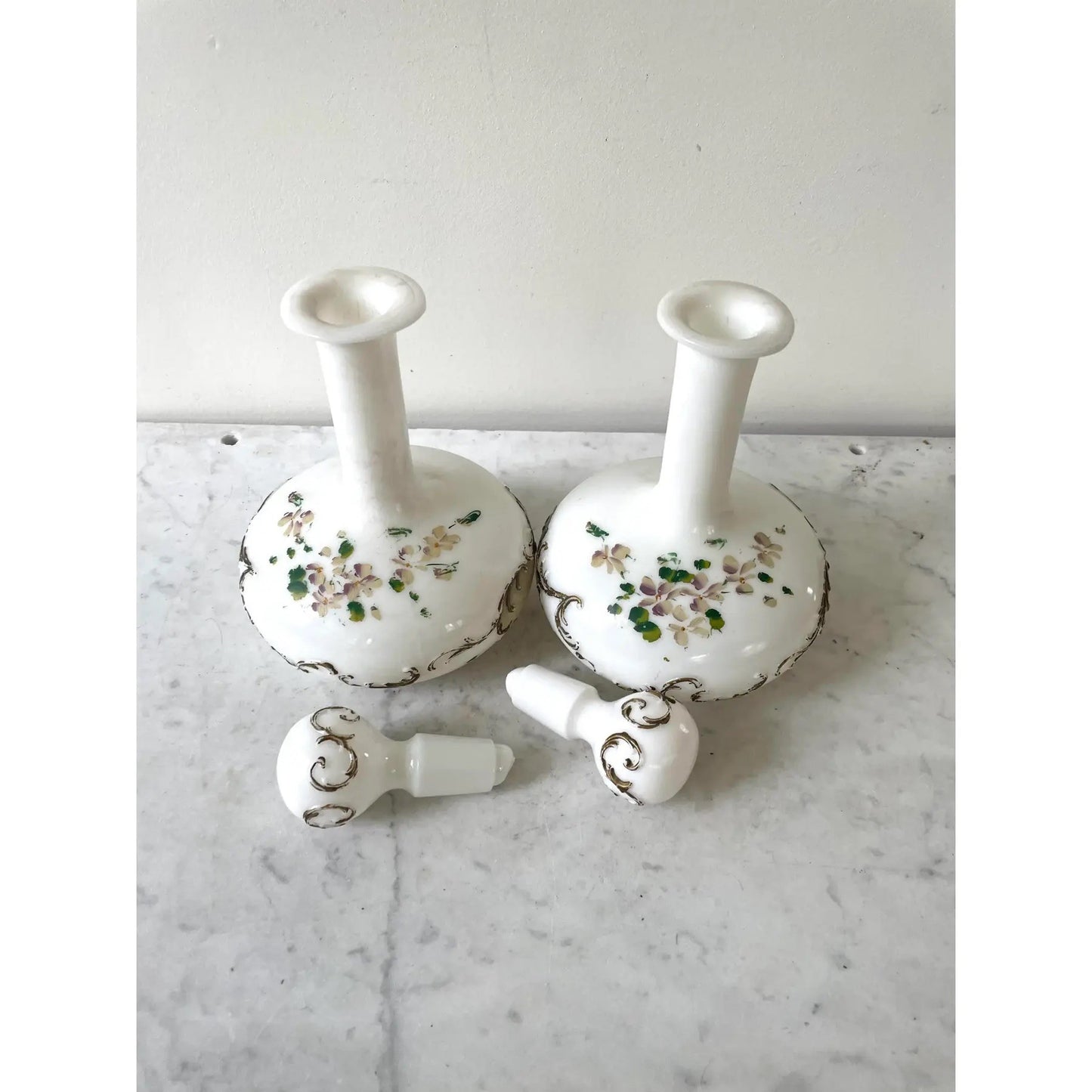 Pair of Victorian Milk Glass Decanters With Painted Flowers Design
