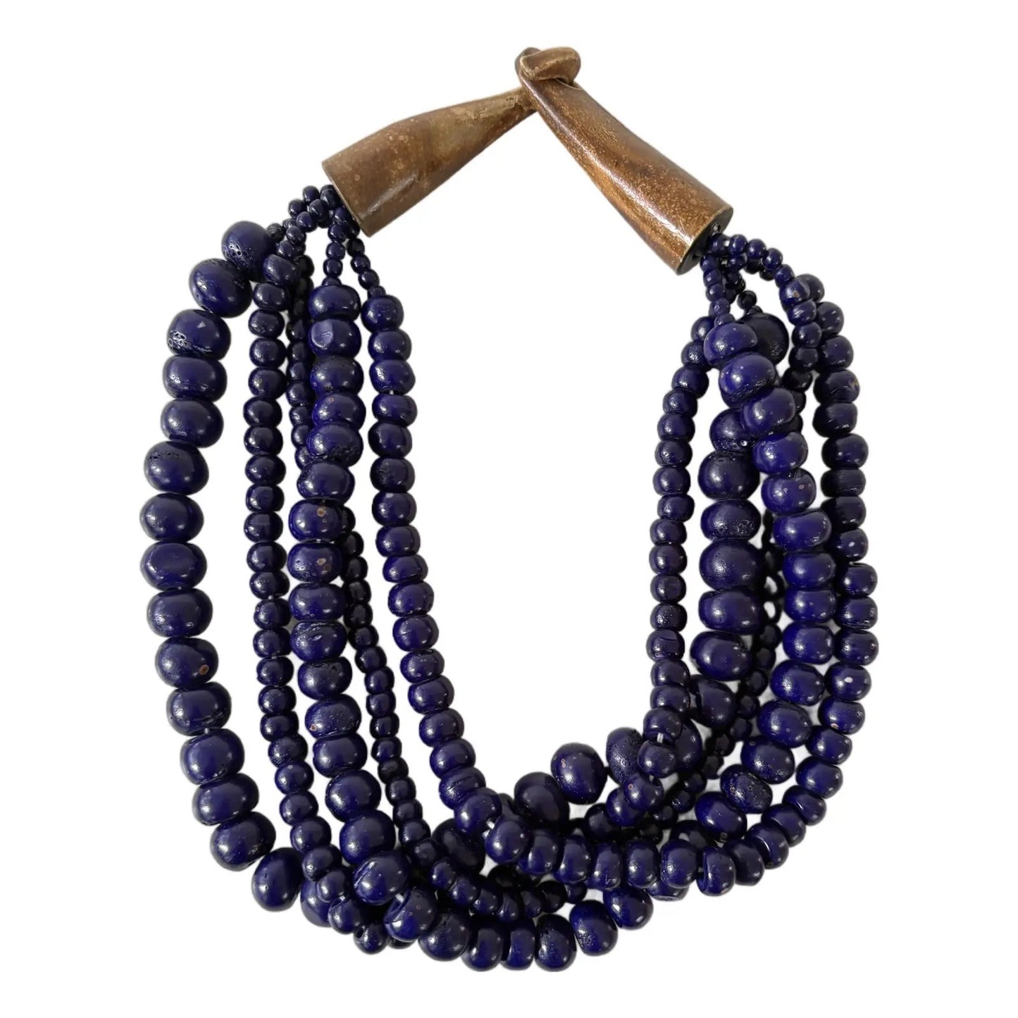 Finch, Cobalt, Blue Glass, Multi Strand, Beaded Necklace, Wood Carved Clasp