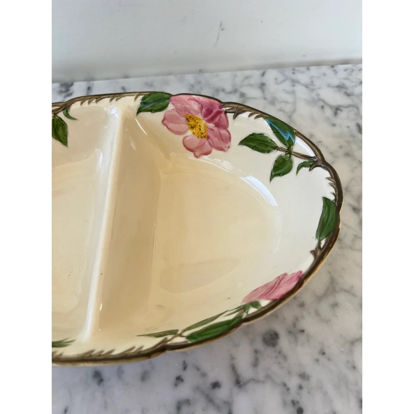 Franciscan Earthenware Pink & Green Floral, Oval Sectioned Serving Bowl - Oven Safe and Stamped