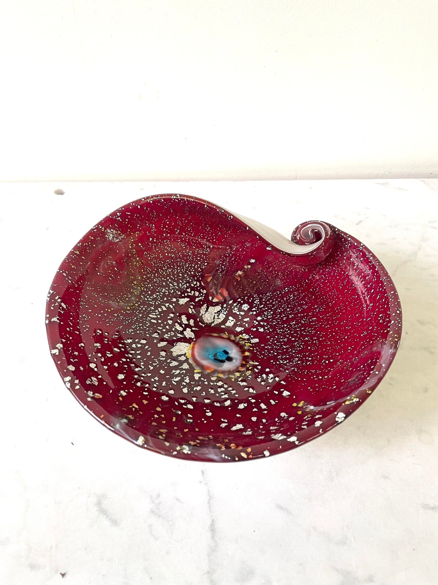 Frattelli Toso Murano Glass Red Bowl with Silver Inclusion