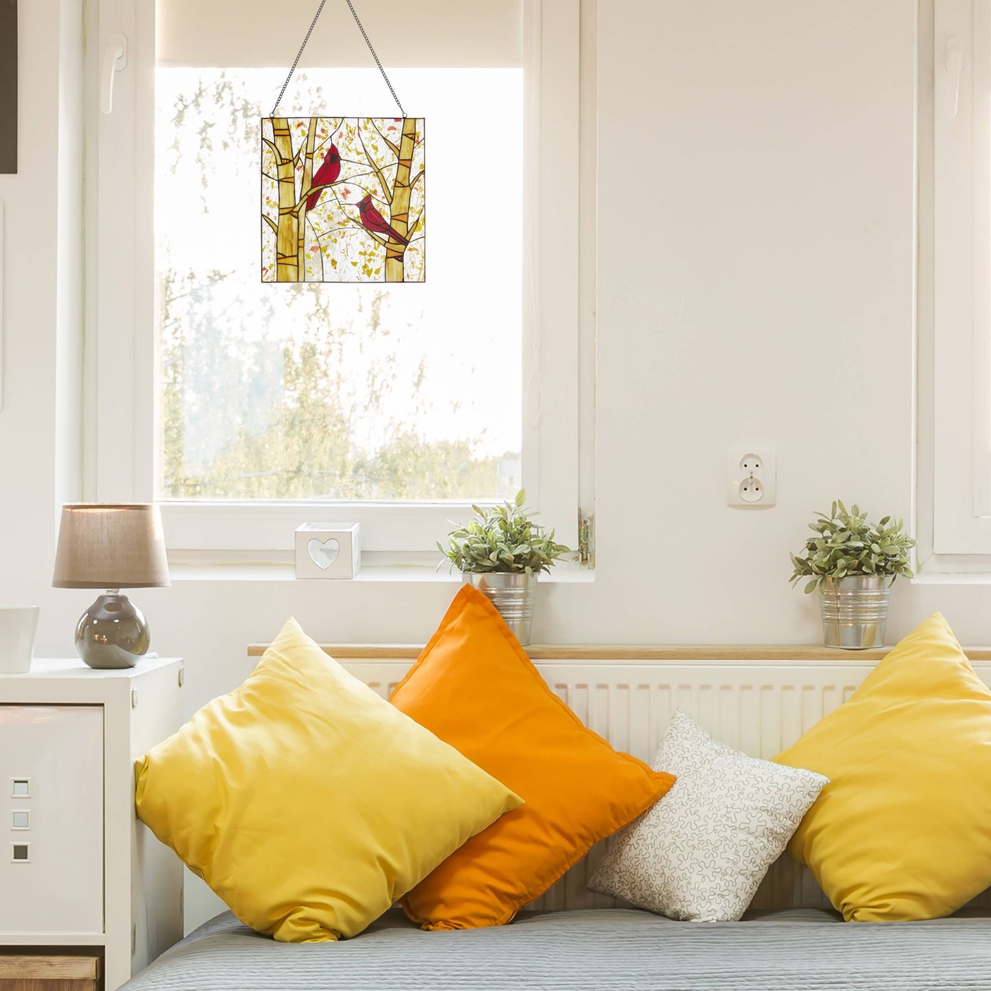 Vidrio emplomado - Panel de ventana Cardenales rojos del Edén en otoño de 14" de alto