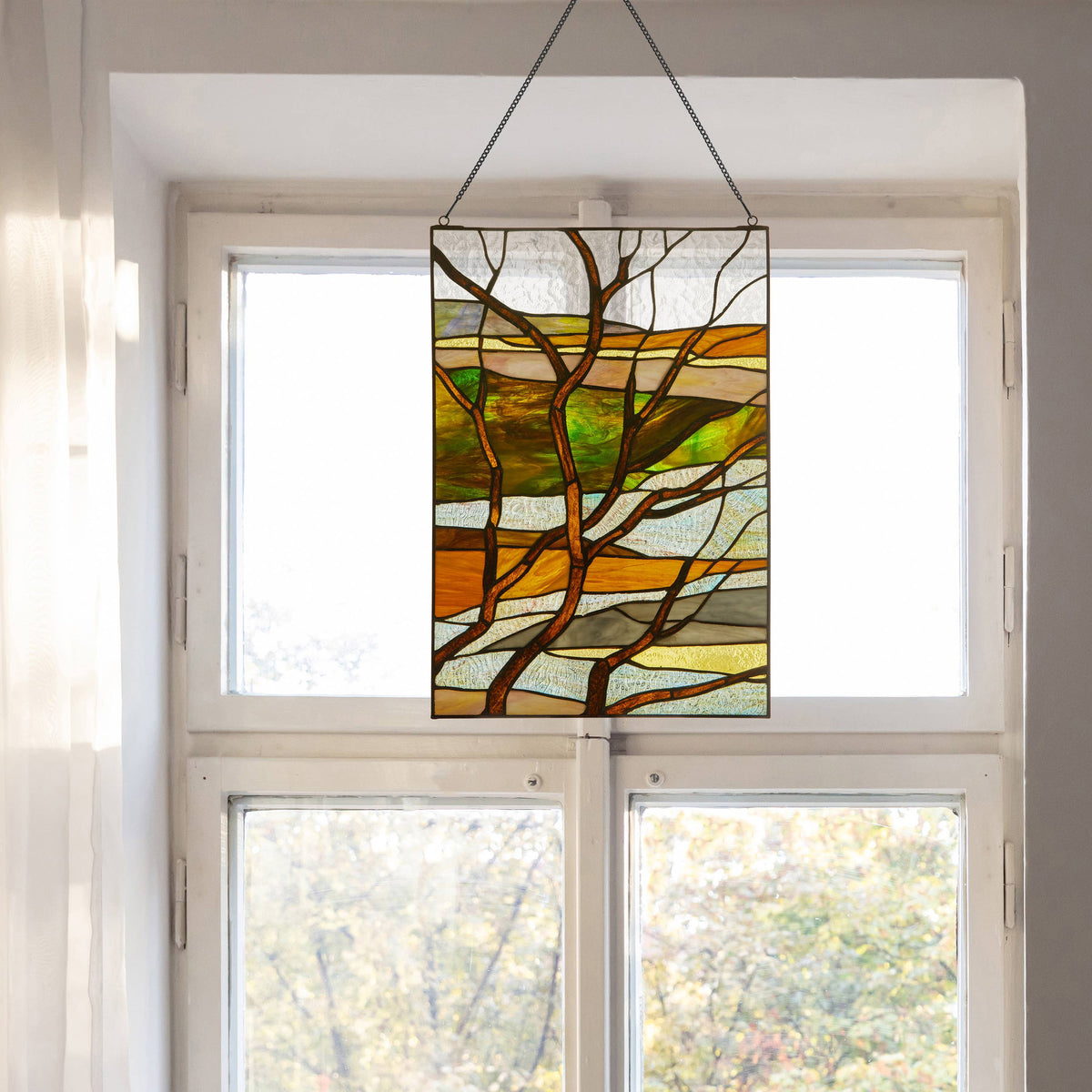 Stained Glass Fall Treescape Window Panel 20"H