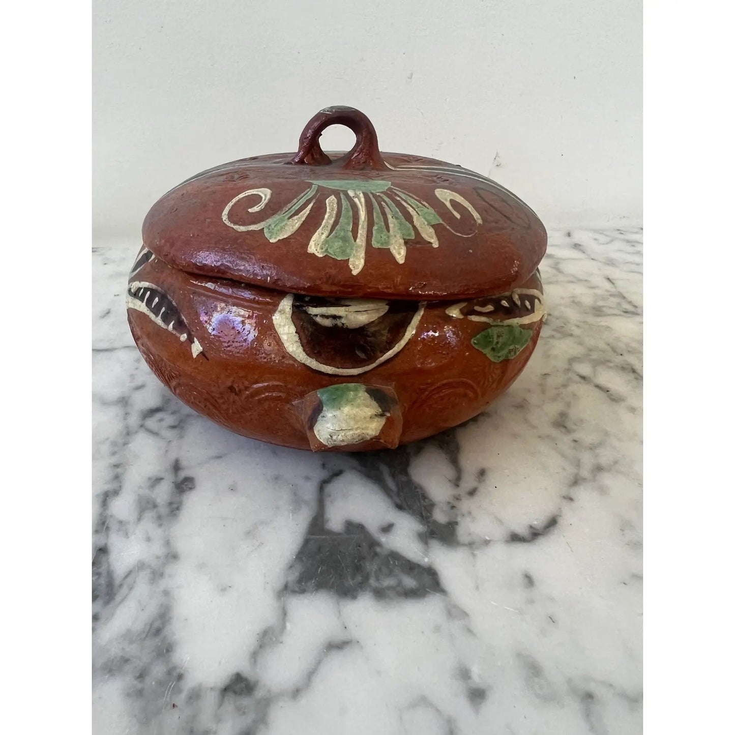 Hand Painted Mexican Terracotta Bowl With Lid Stamped Made in Mexico