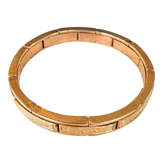 Pulsera expansible de oro laminado de 14k, antigua y rara, de Ostby & Barton, 1907, con relieve floral de triple corona