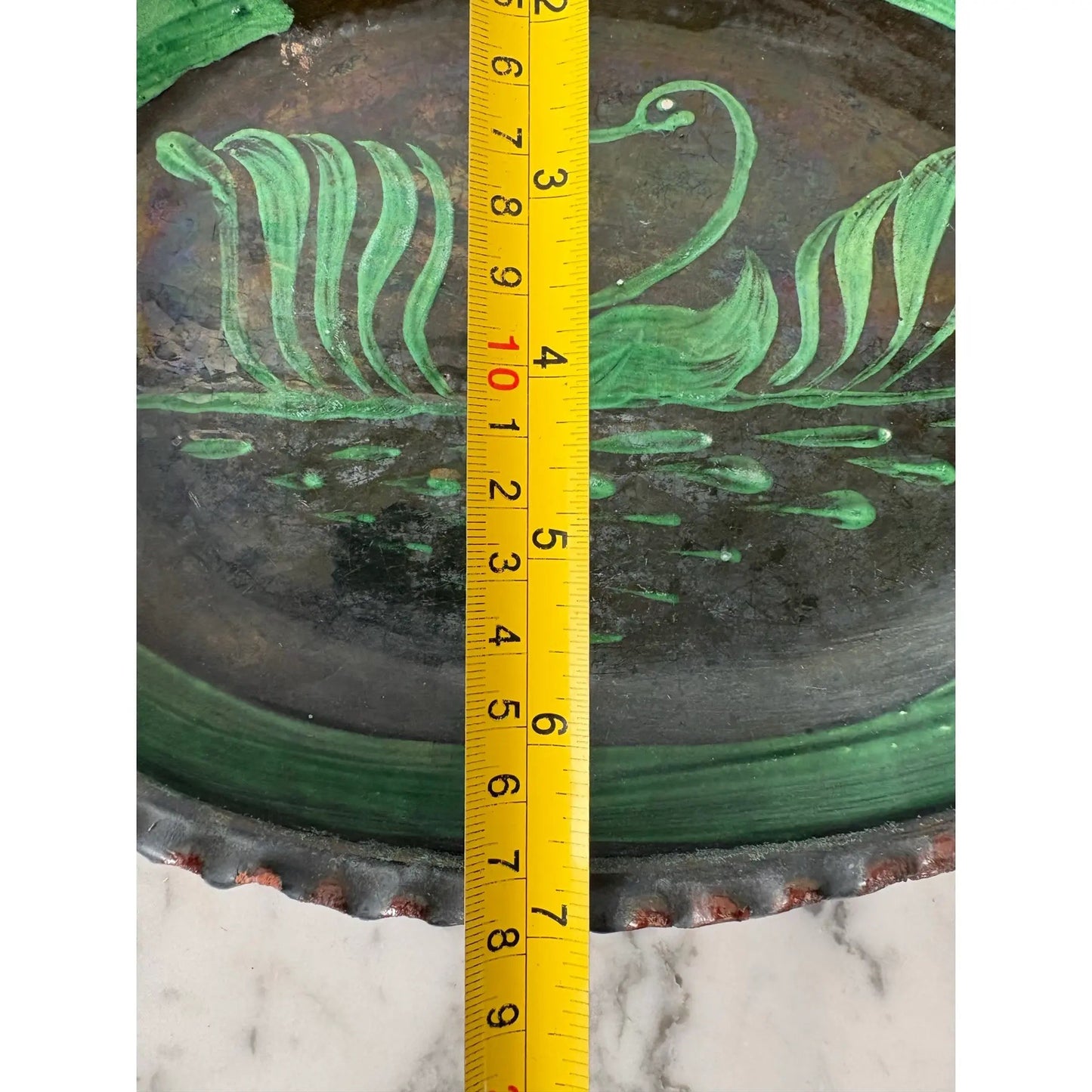1930s Patamban Michoacan, Mexico Green Glaze Redware Pottery Platter. Handpainted Swan Oval Design