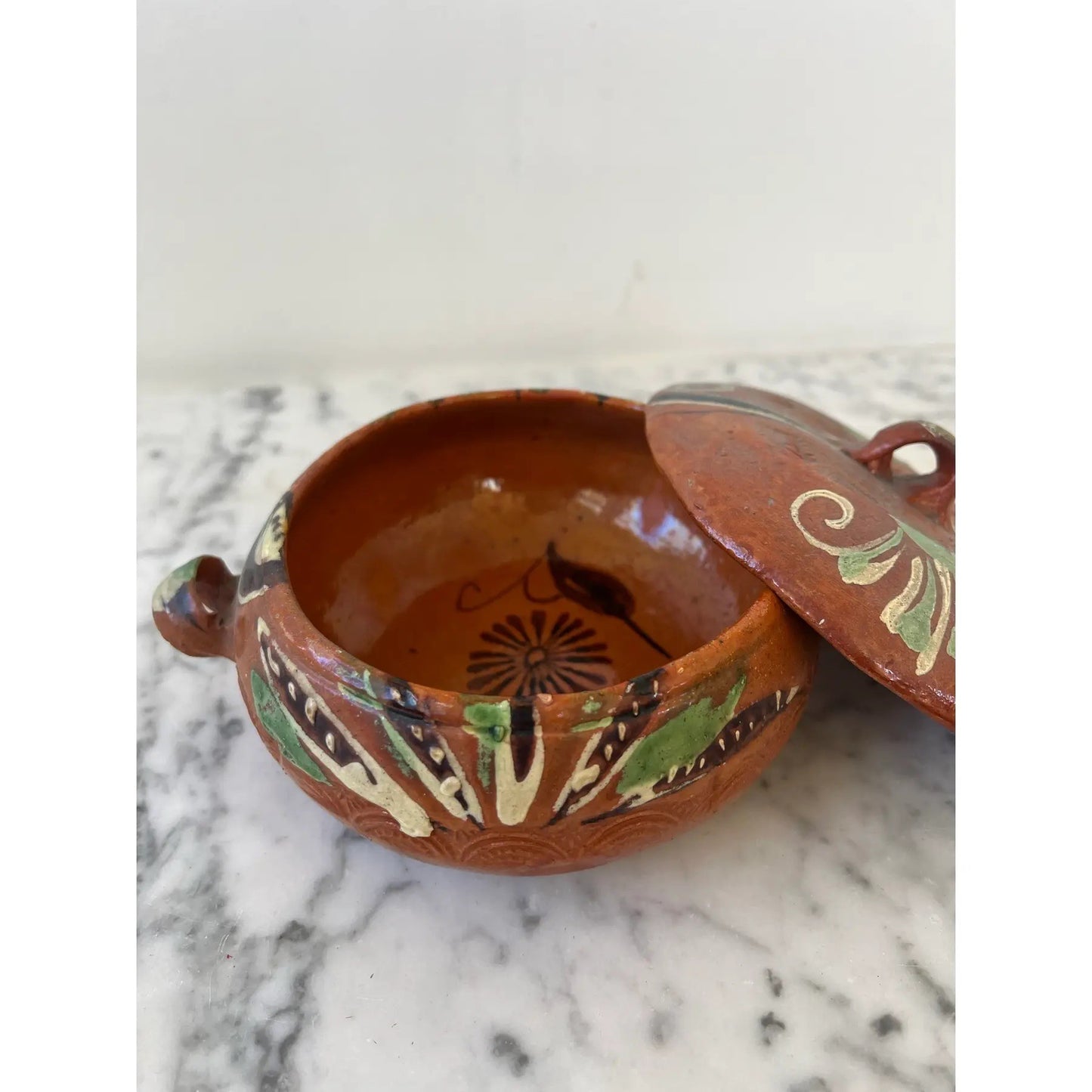 Hand Painted Mexican Terracotta Bowl With Lid Stamped Made in Mexico