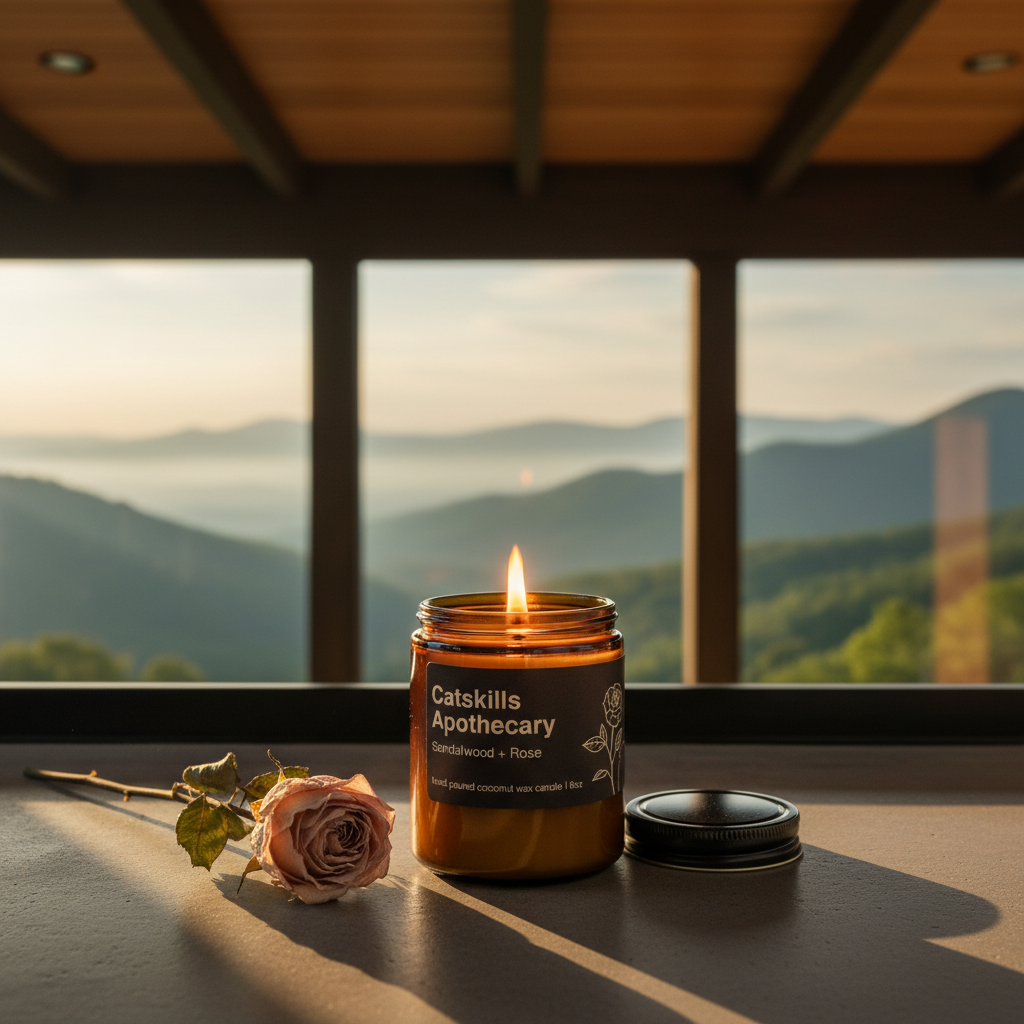 Candle with 'Catkills Apothecary' label on a surface with a scenic view of mountains in the background.