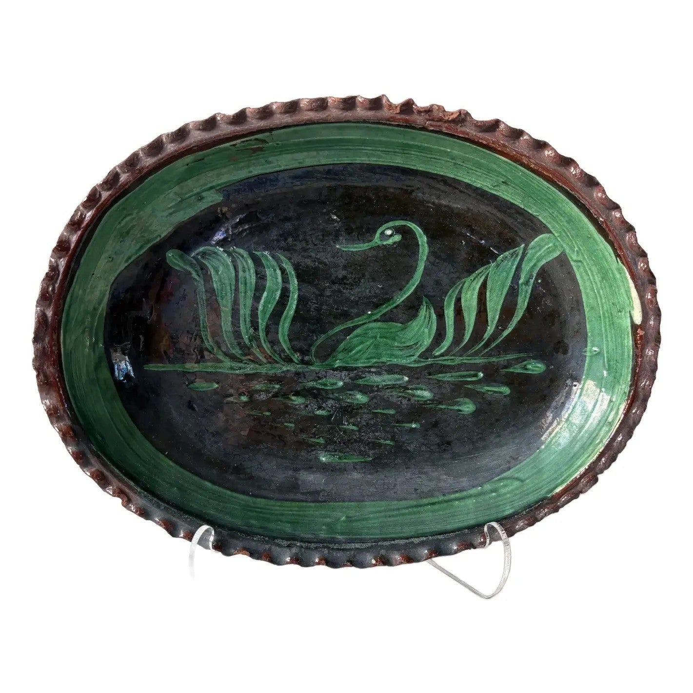 1930s Patamban Michoacan, Mexico Green Glaze Redware Pottery Platter. Handpainted Swan Oval Design