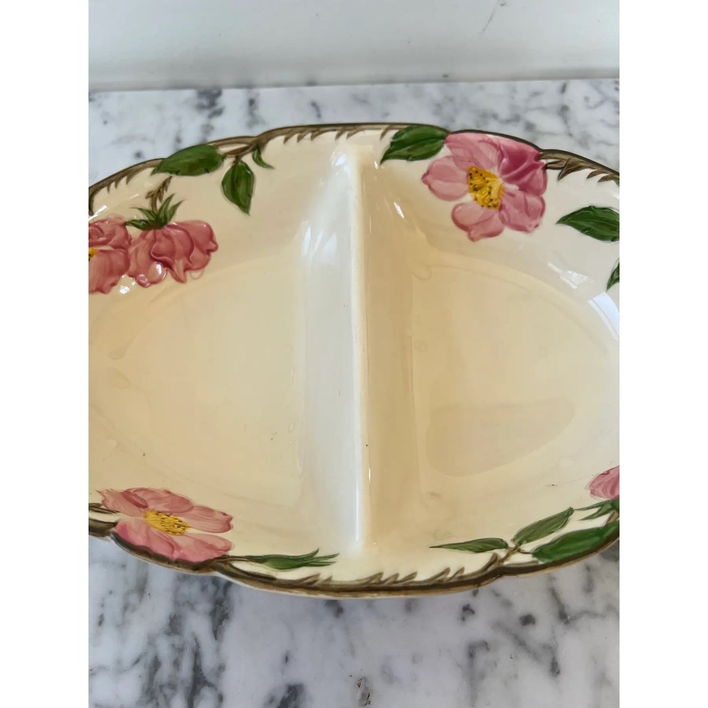 Franciscan Earthenware Pink & Green Floral, Oval Sectioned Serving Bowl - Oven Safe and Stamped
