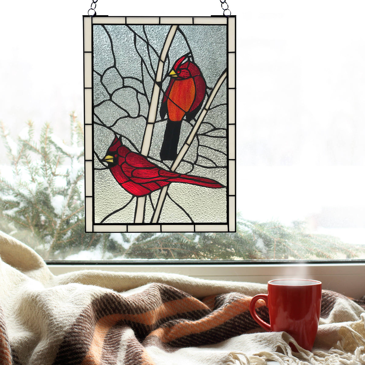 Stained Glass Annabelle Red Cardinal  Window Panel 18.5"H