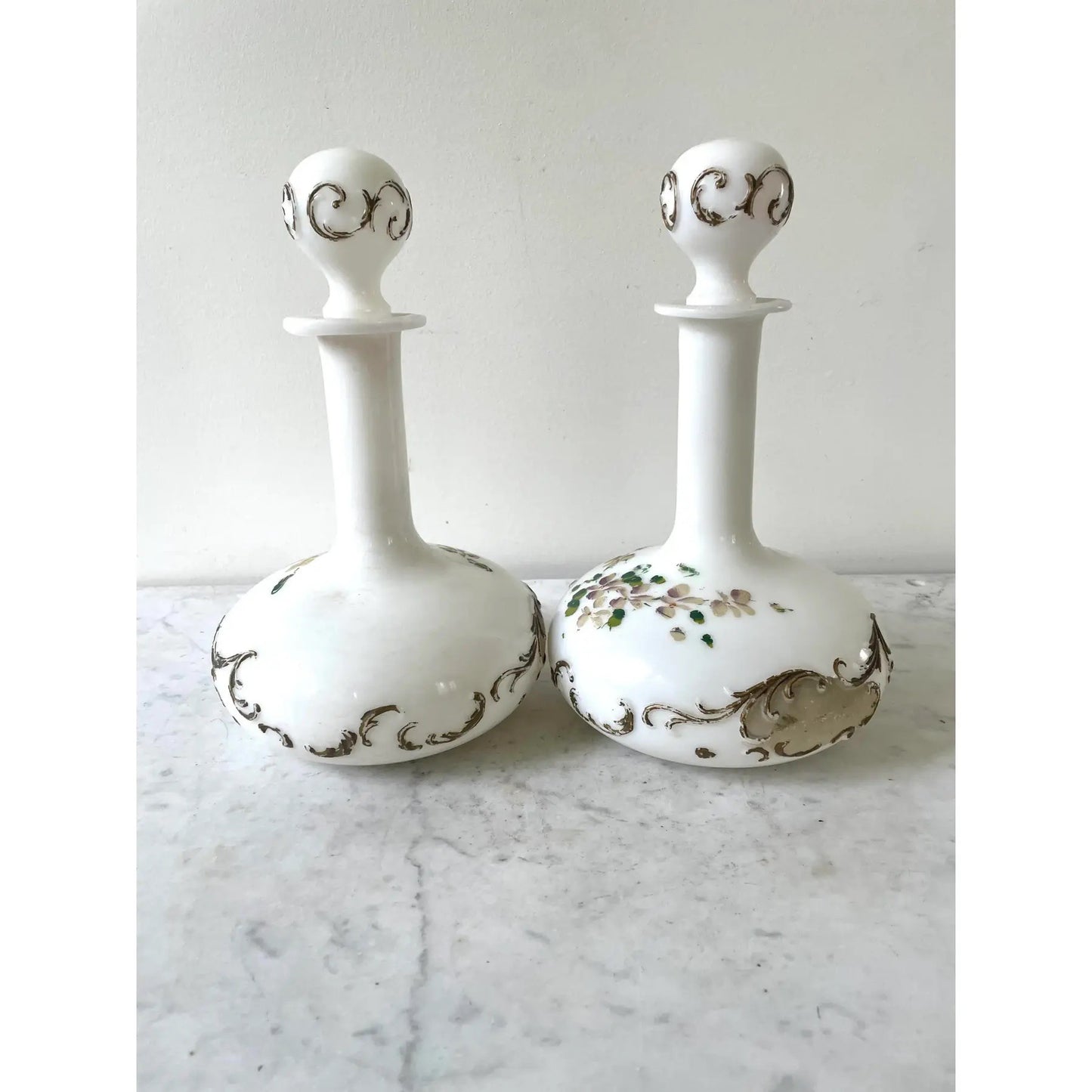 Pair of Victorian Milk Glass Decanters With Painted Flowers Design