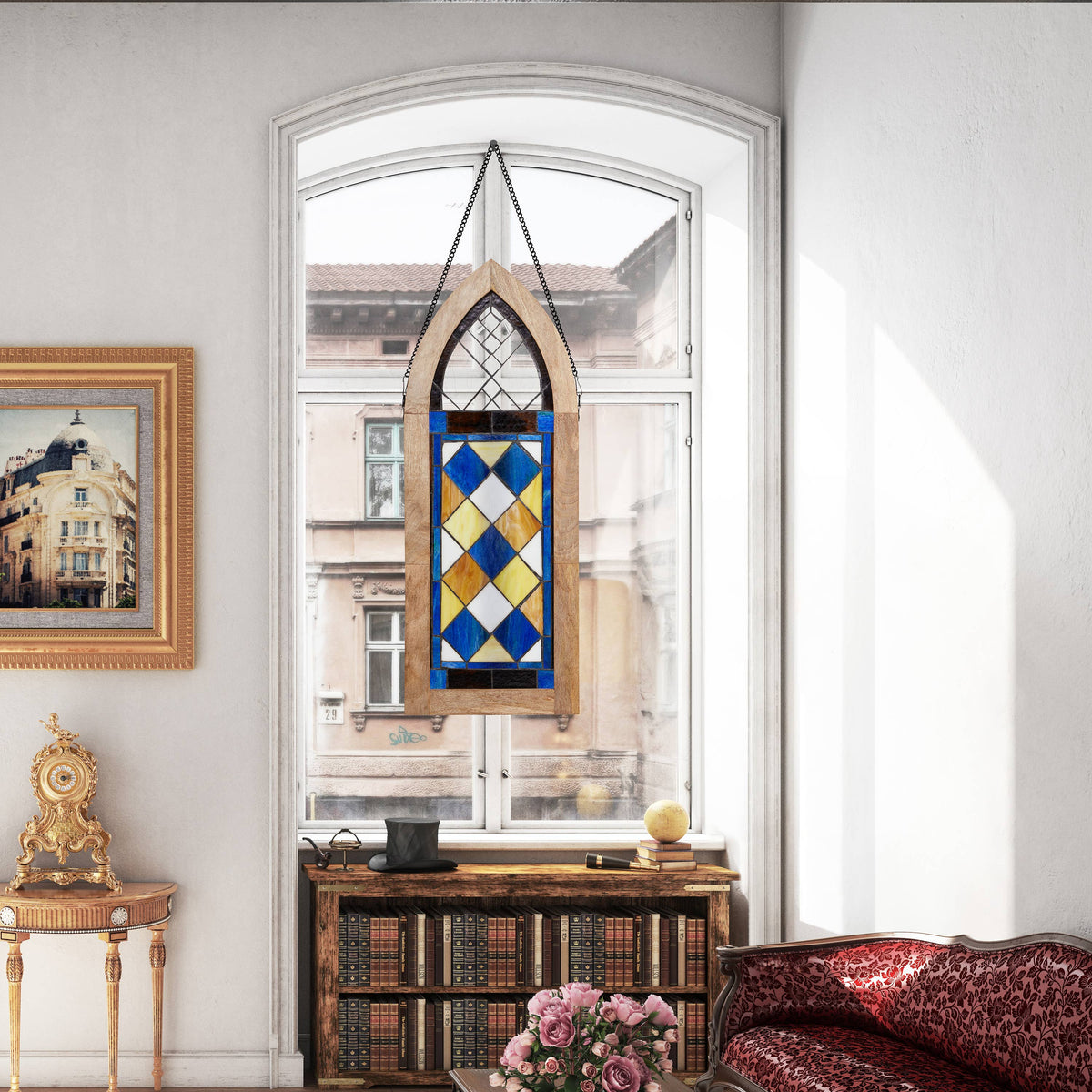 Victorian Style Checkerboard Stained Glass Window Panel