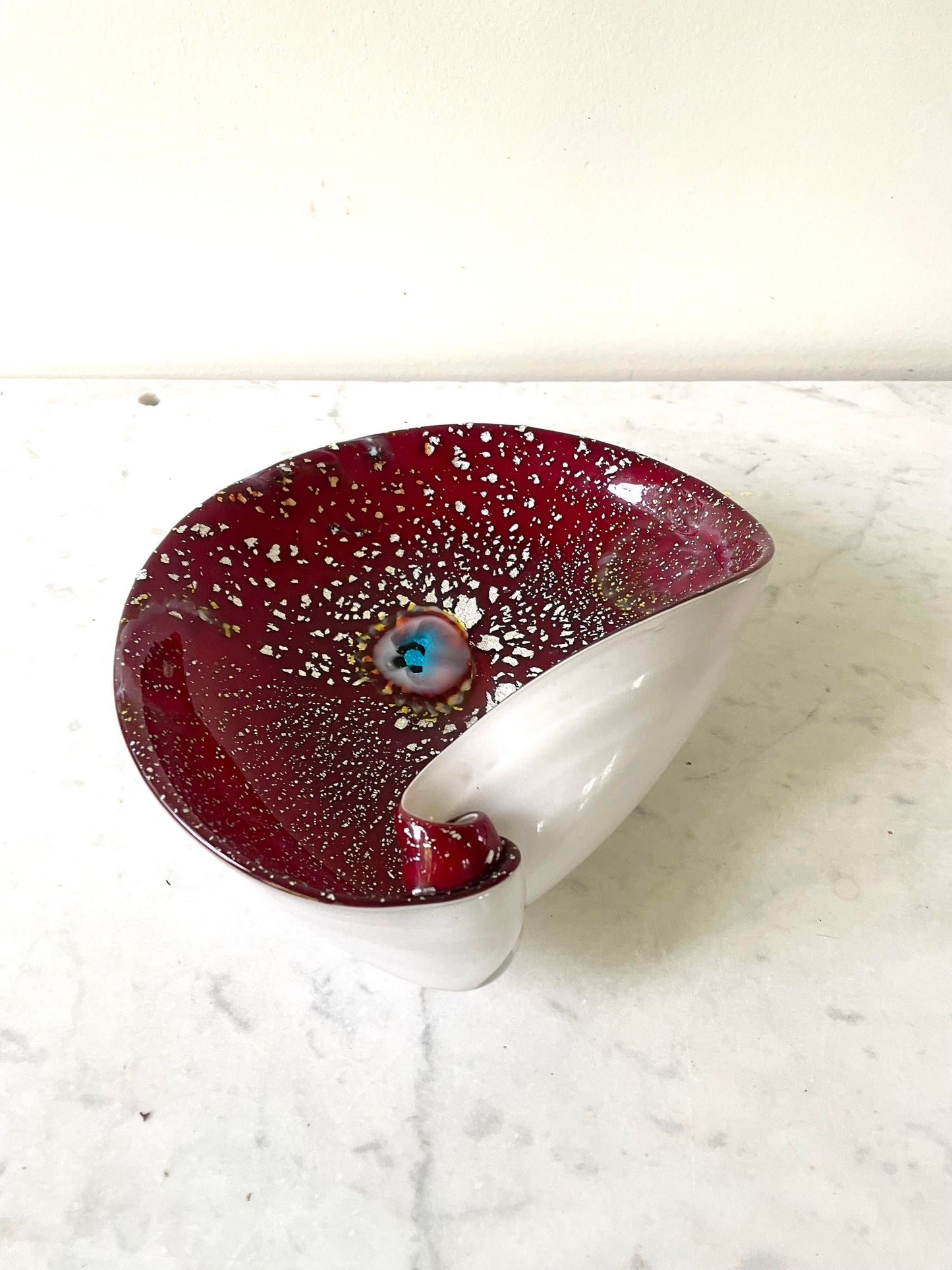 Frattelli Toso Murano Glass Red Bowl with Silver Inclusion