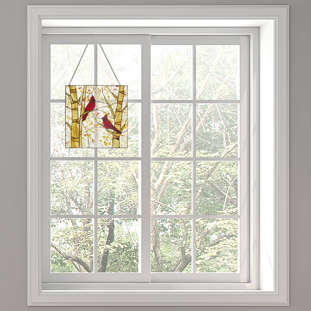 Stained Glass- Eden Red Cardinals in Autumn Window Panel 14"H