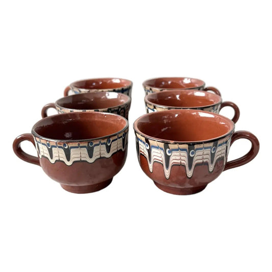 Vintage Handmade Hand Painted Bulgarian Red Clay Pottery Tea/Coffee Cups