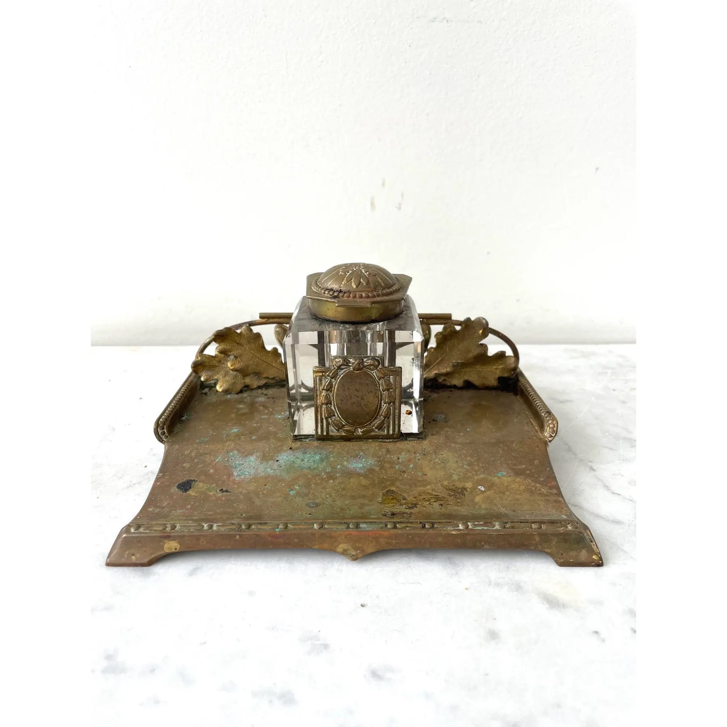 Art Nouveau Crystal and Brass Inkwell