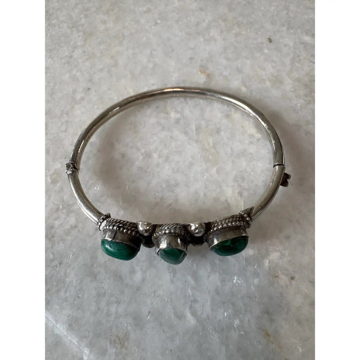 Sterling Silver and Malachite Handed Bangle Bracelet With Clasp