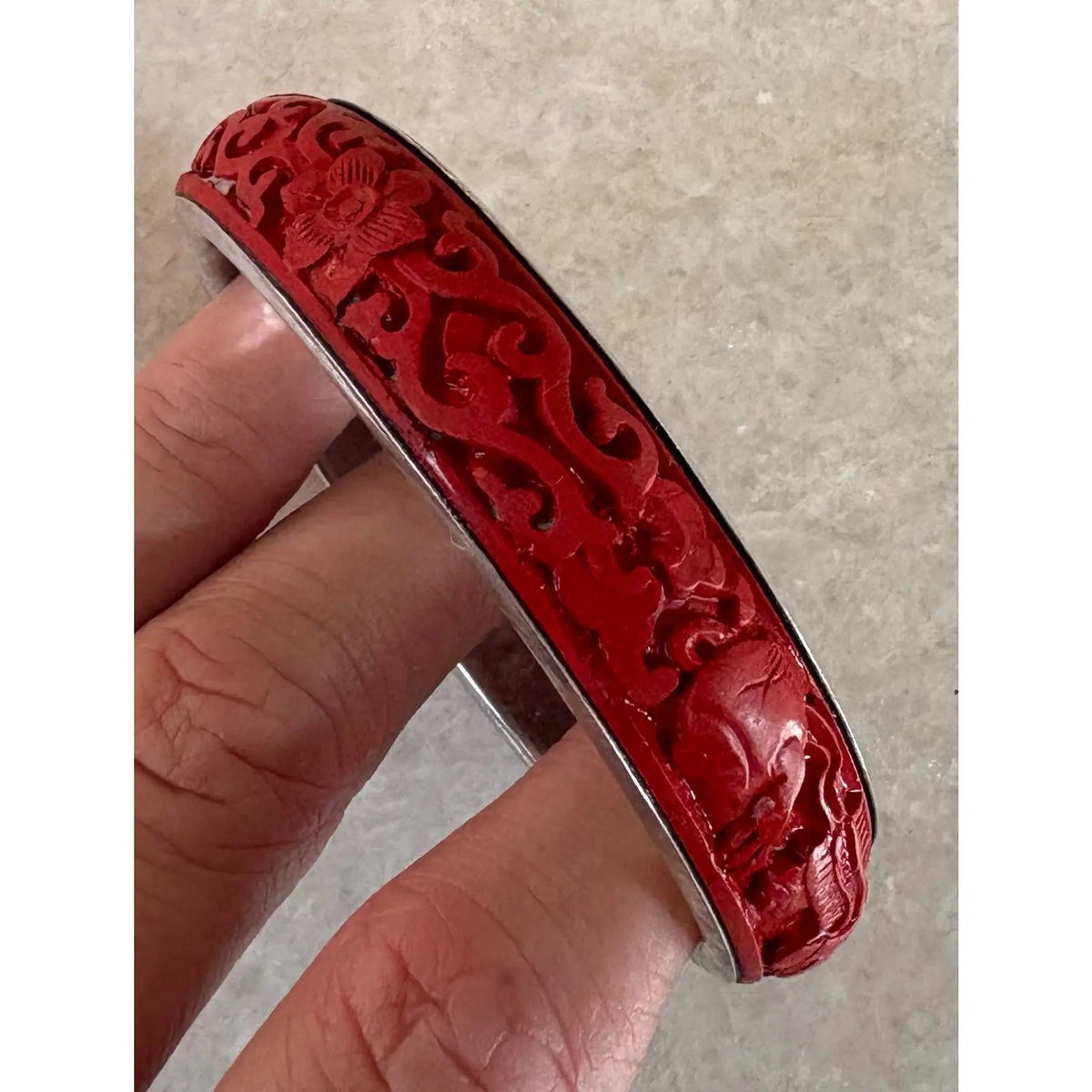 Vintage Sterling Silver and Cinnabar Bangle Bracelet