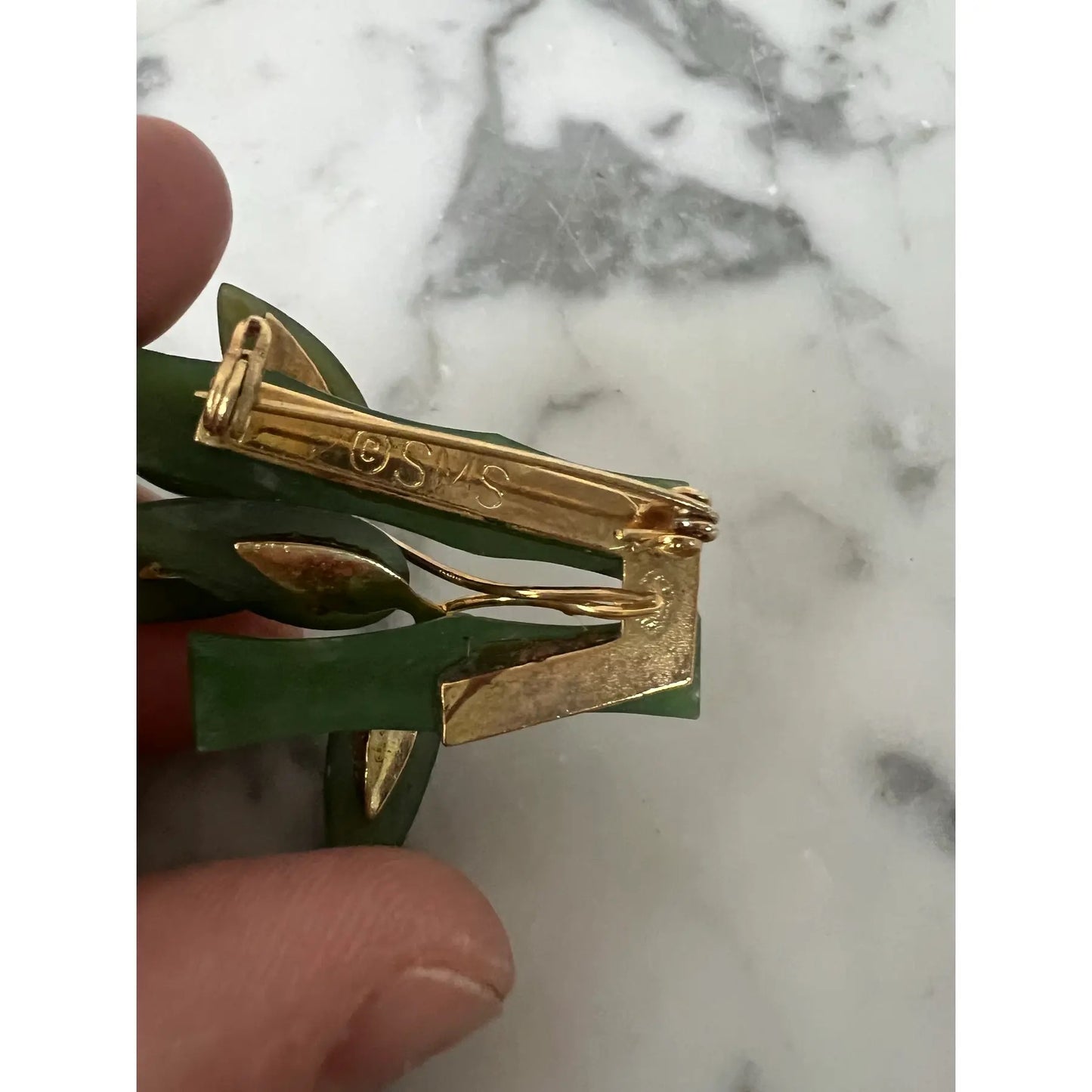 Hand Carved Jade Bamboo Brooch