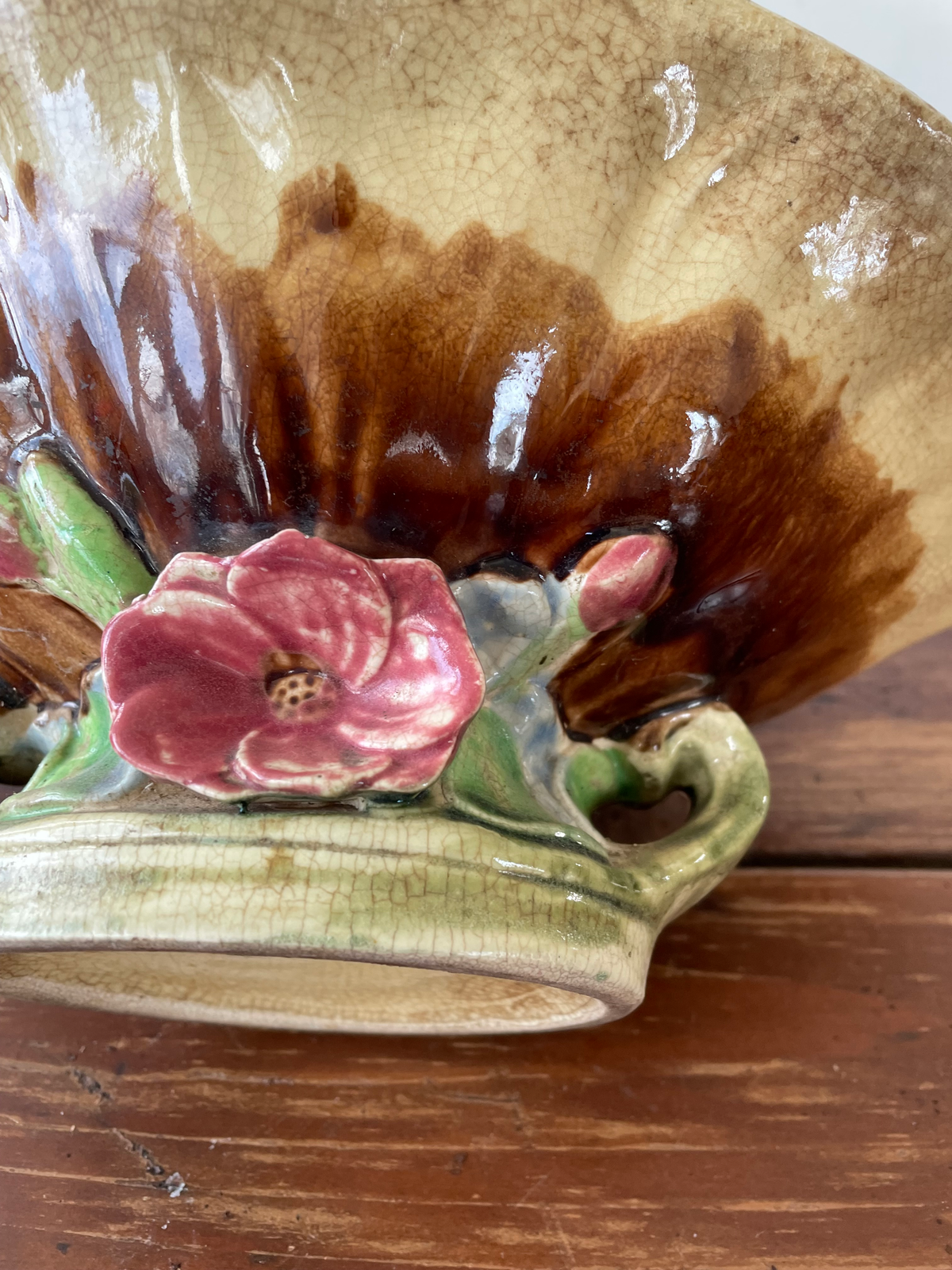 Vintage Majolica Seashell Pedestal Bowl With Flower Base