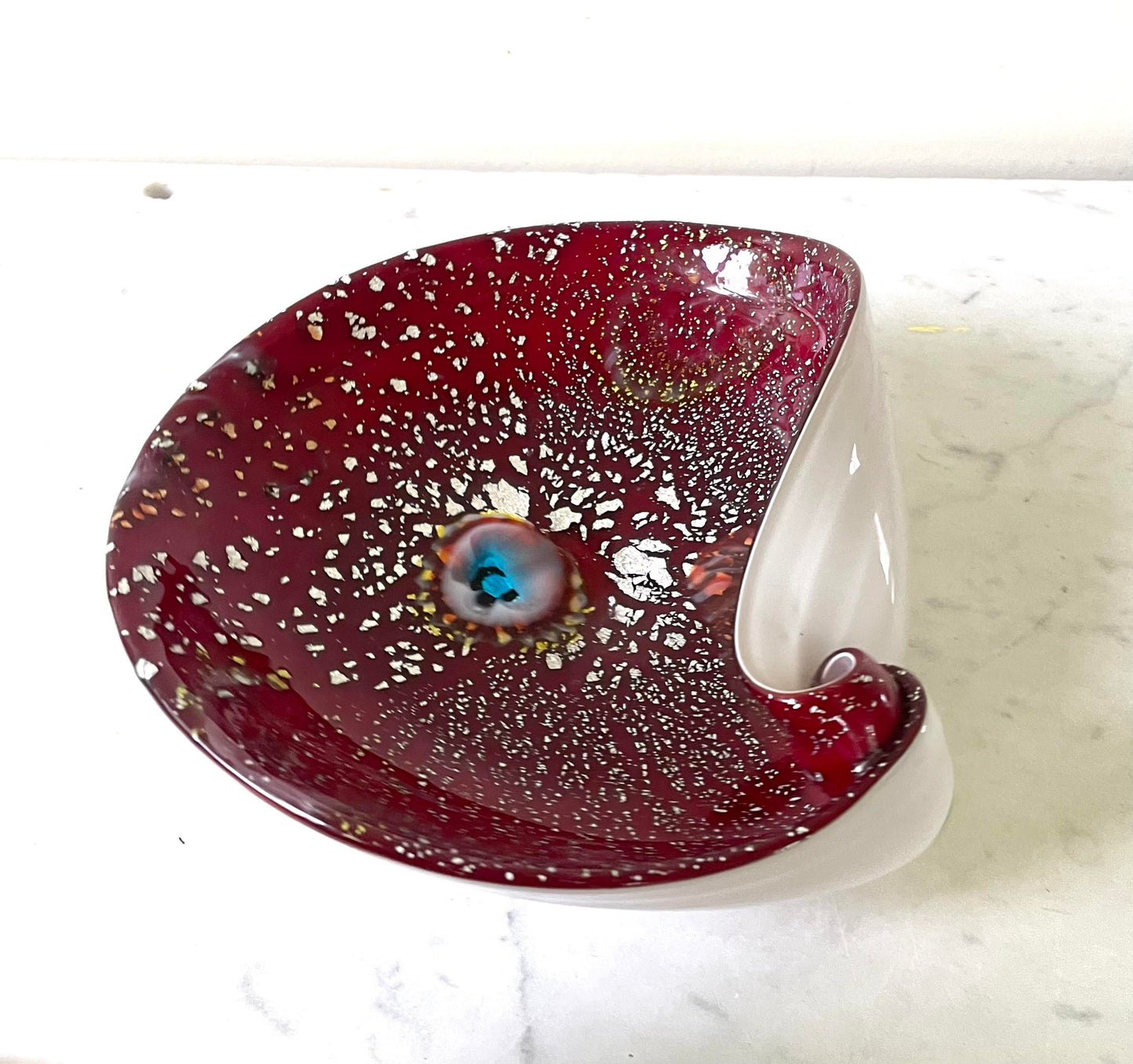 Frattelli Toso Murano Glass Red Bowl with Silver Inclusion